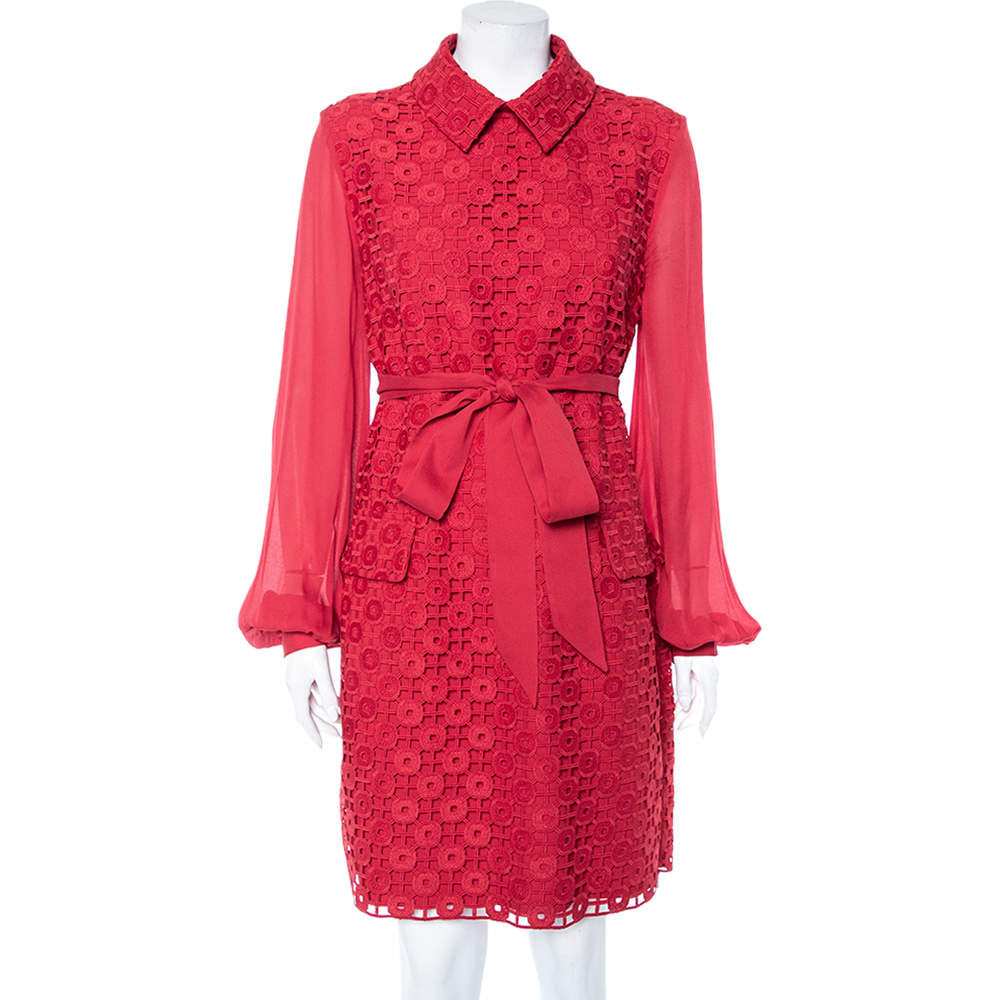 Elie Saab Red Lace Collared Shift Dress M