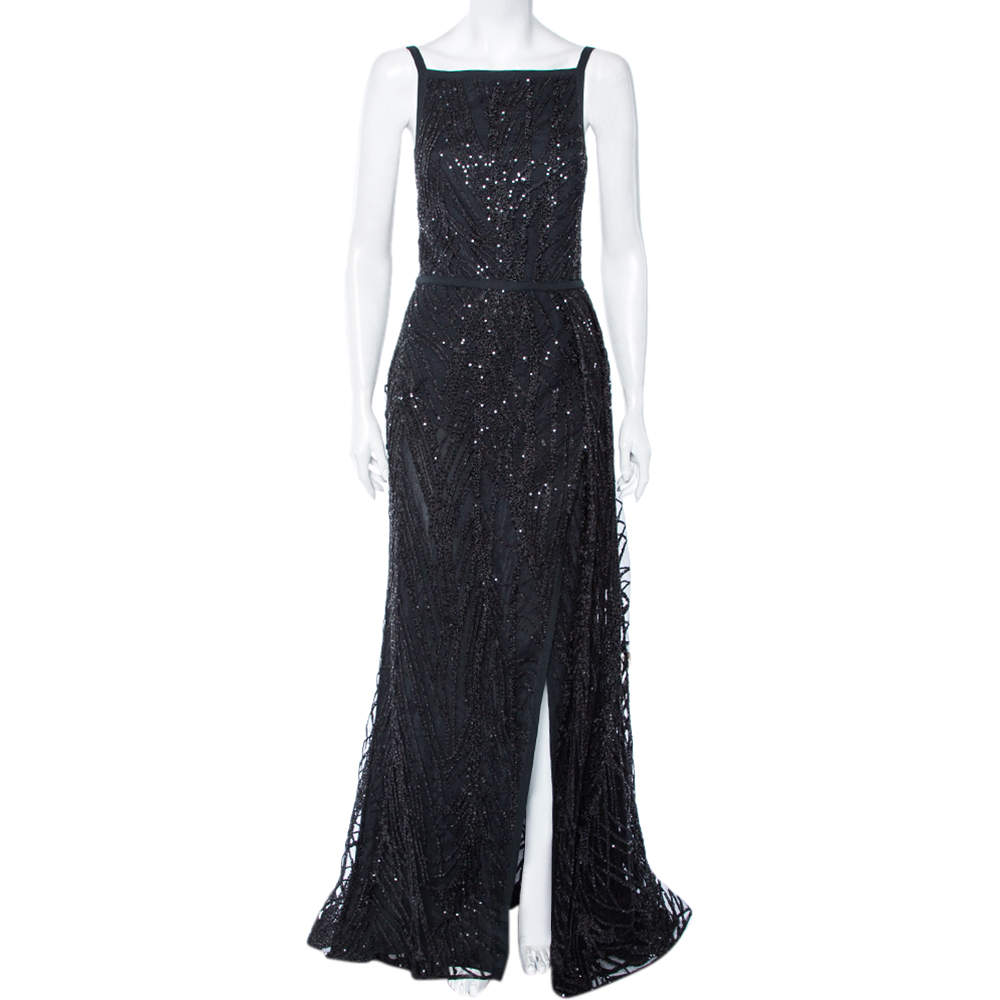 Elie Saab Black Sequin Embellished Tulle High Slit Trail Detail Evening Gown M