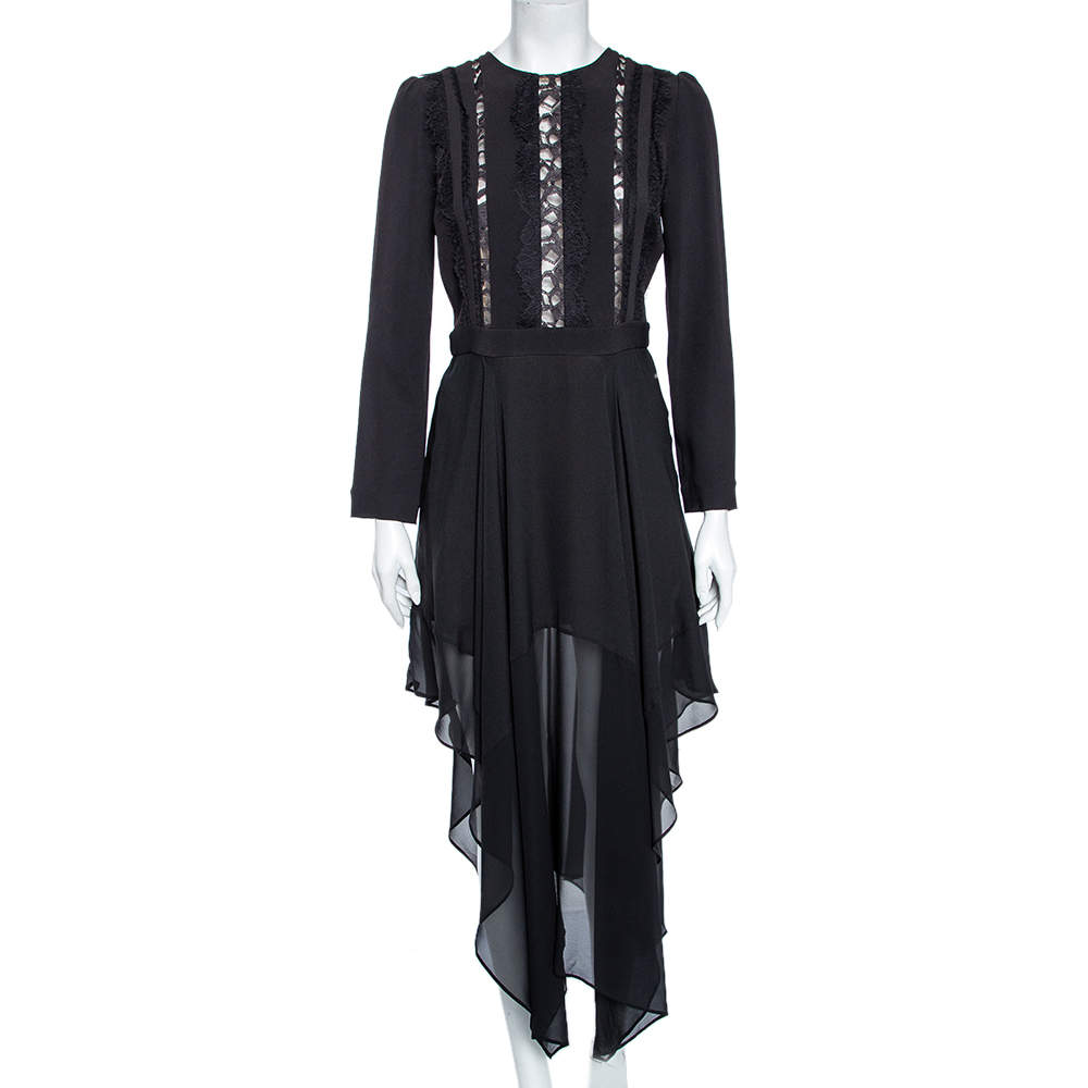 Pre Owned Elie Saab Black Crepe & Lace Trimmed Asymmetrical Hem Midi Dress S