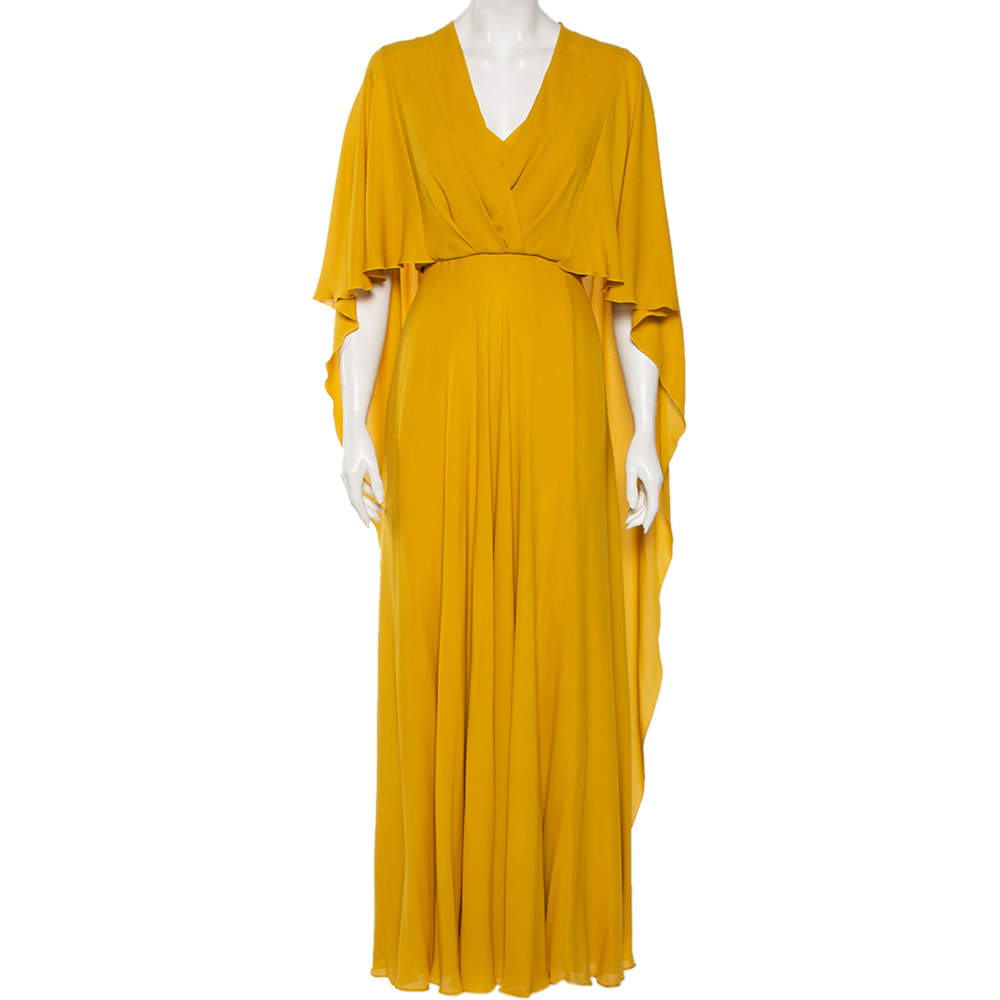 Pre Owned Elie Saab Yellow Crepe Cape Detailed Maxi Dress L