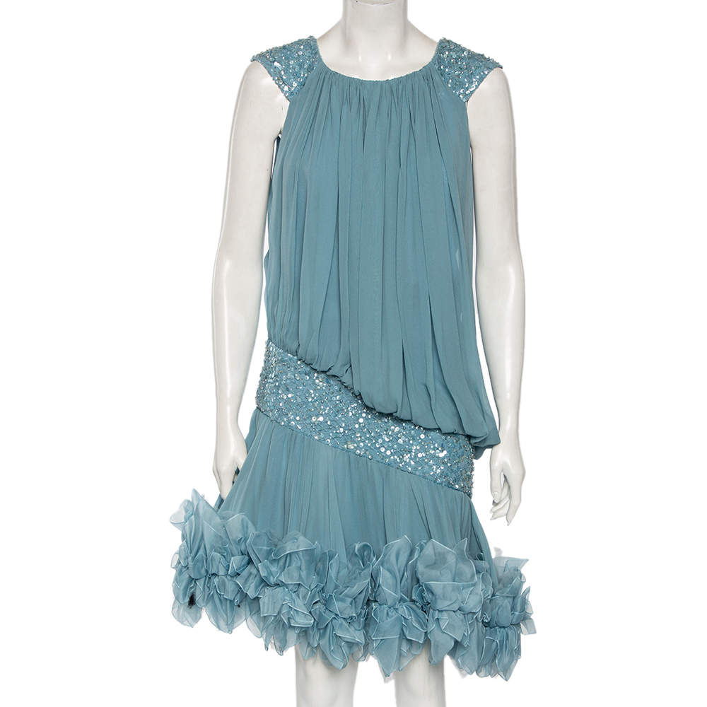 Pre Owned Elie Saab Blue Sequin Embellished Silk Ruffled Short Dress M