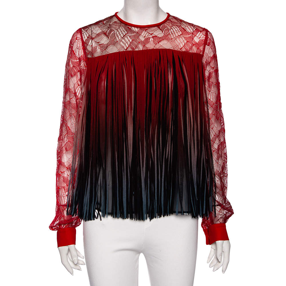 Pre Owned Elie Saab Red Ombre Lace & Fringed Overlay Long Sleeve Top S