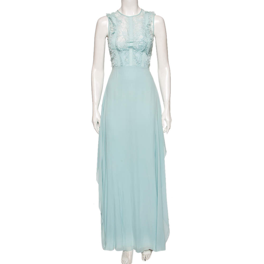 Pre Owned Elie Saab Light Blue Lace & Silk Georgette Sleeveless Maxi Dress S
