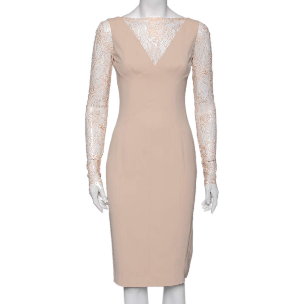 Pre Owned Elie Saab Peach Crepe & Lace Inset Midi Dress S