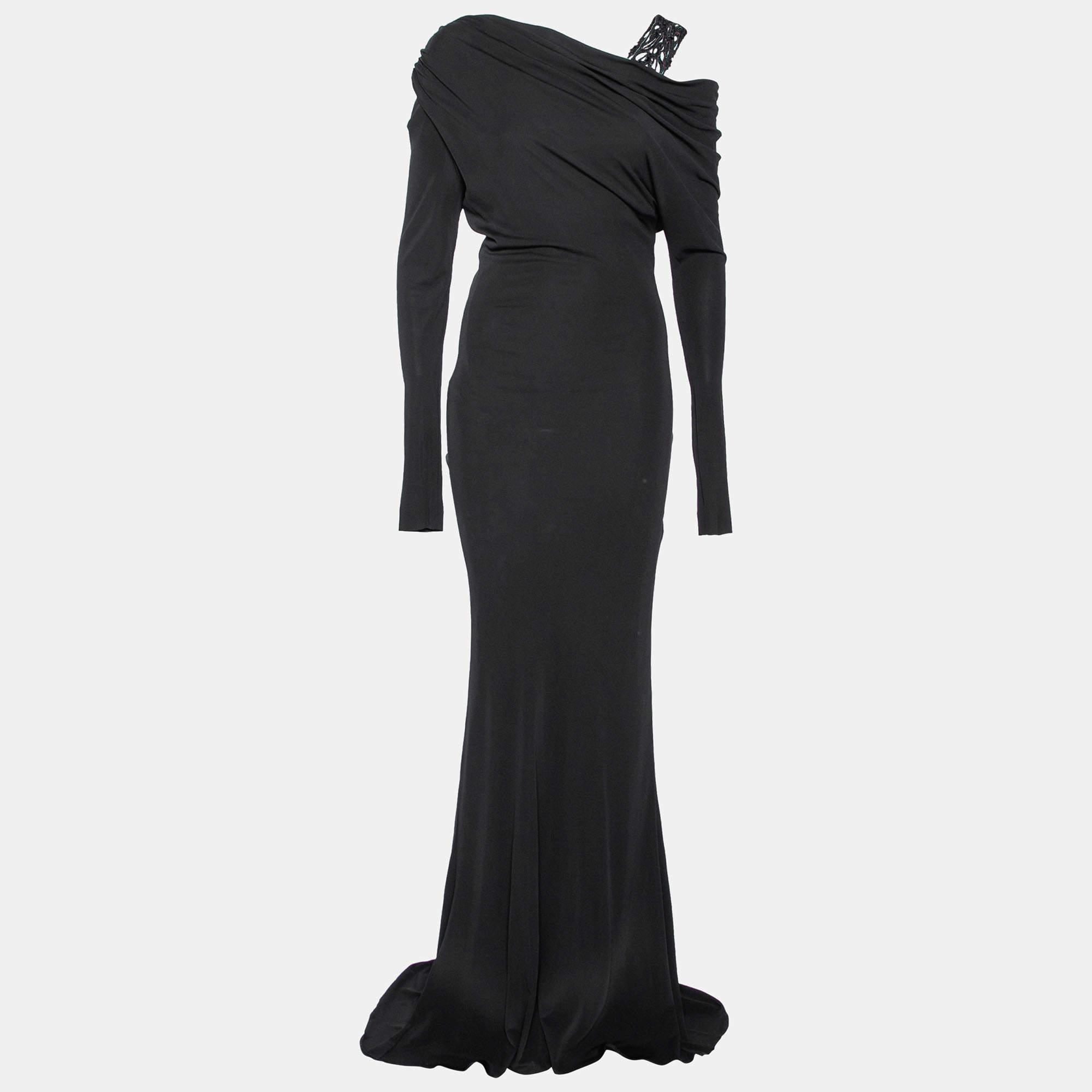 Pre Owned Elie Saab Black Jersey Bead Embellished Strap Detail Gown S