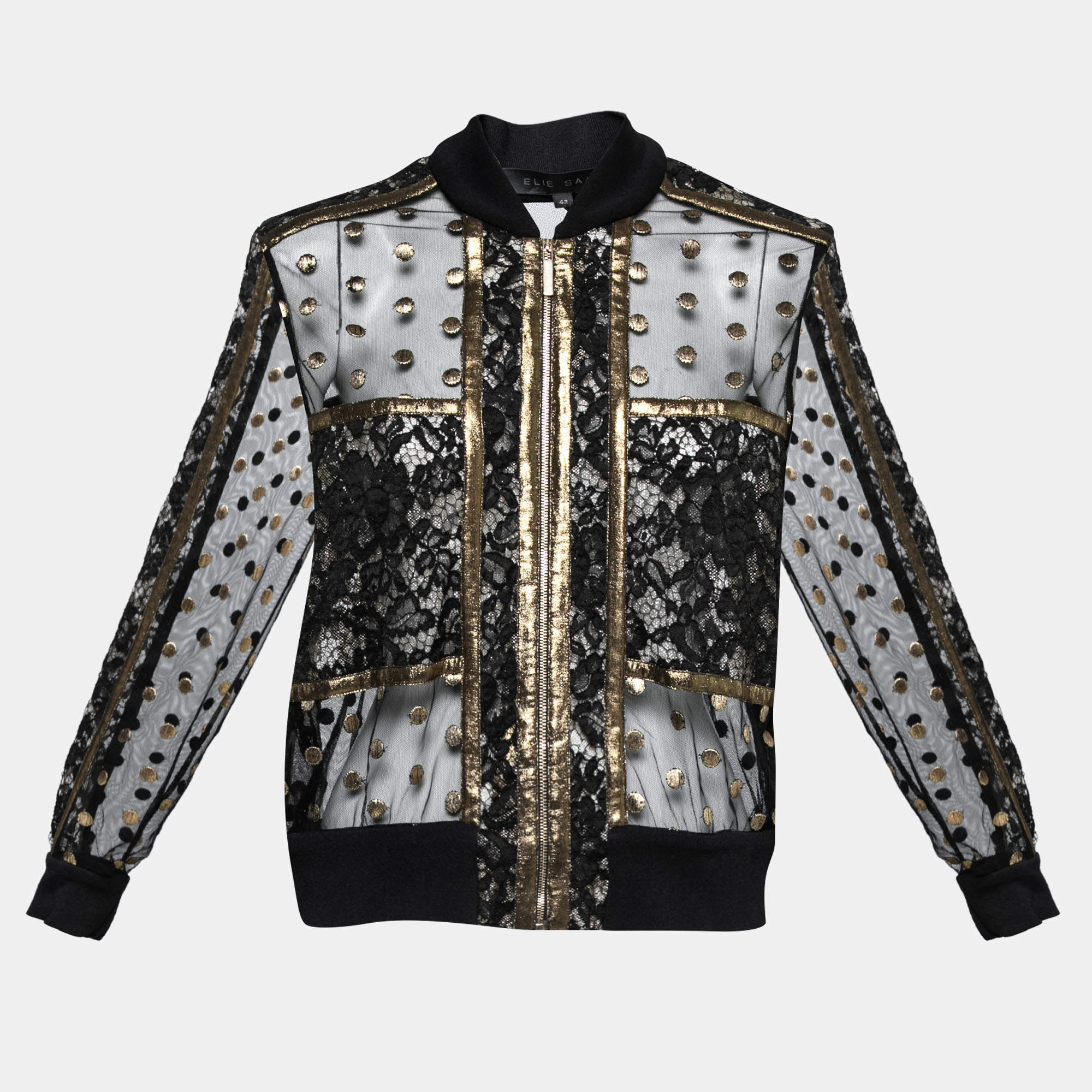 Pre Owned Elie Saab Black & Gold Embroidered Tulle & Lace Inset Bomber Jacket M