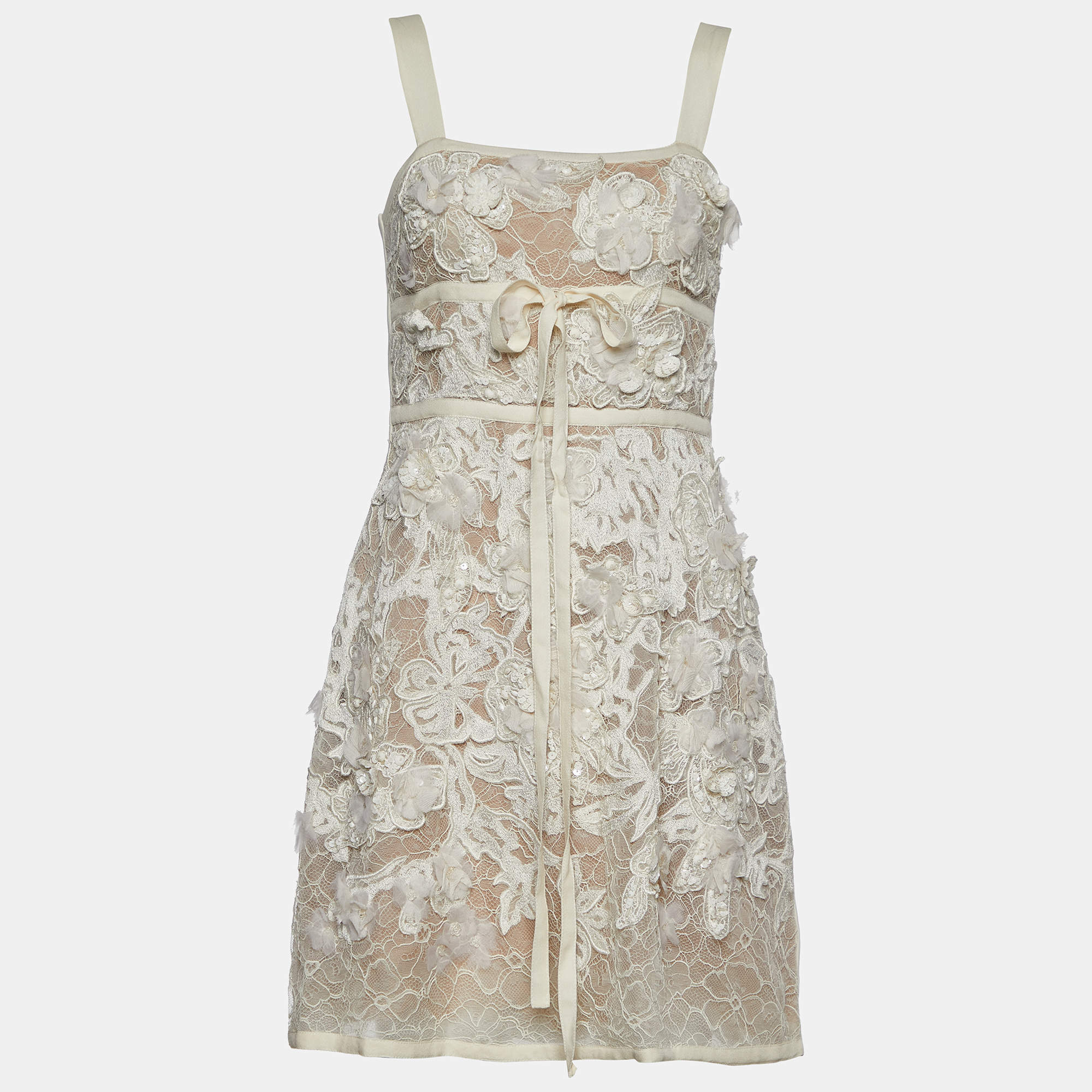 Pre Owned Elie Saab Ivory Embellished Floral Lace & Crepe Mini Dress S