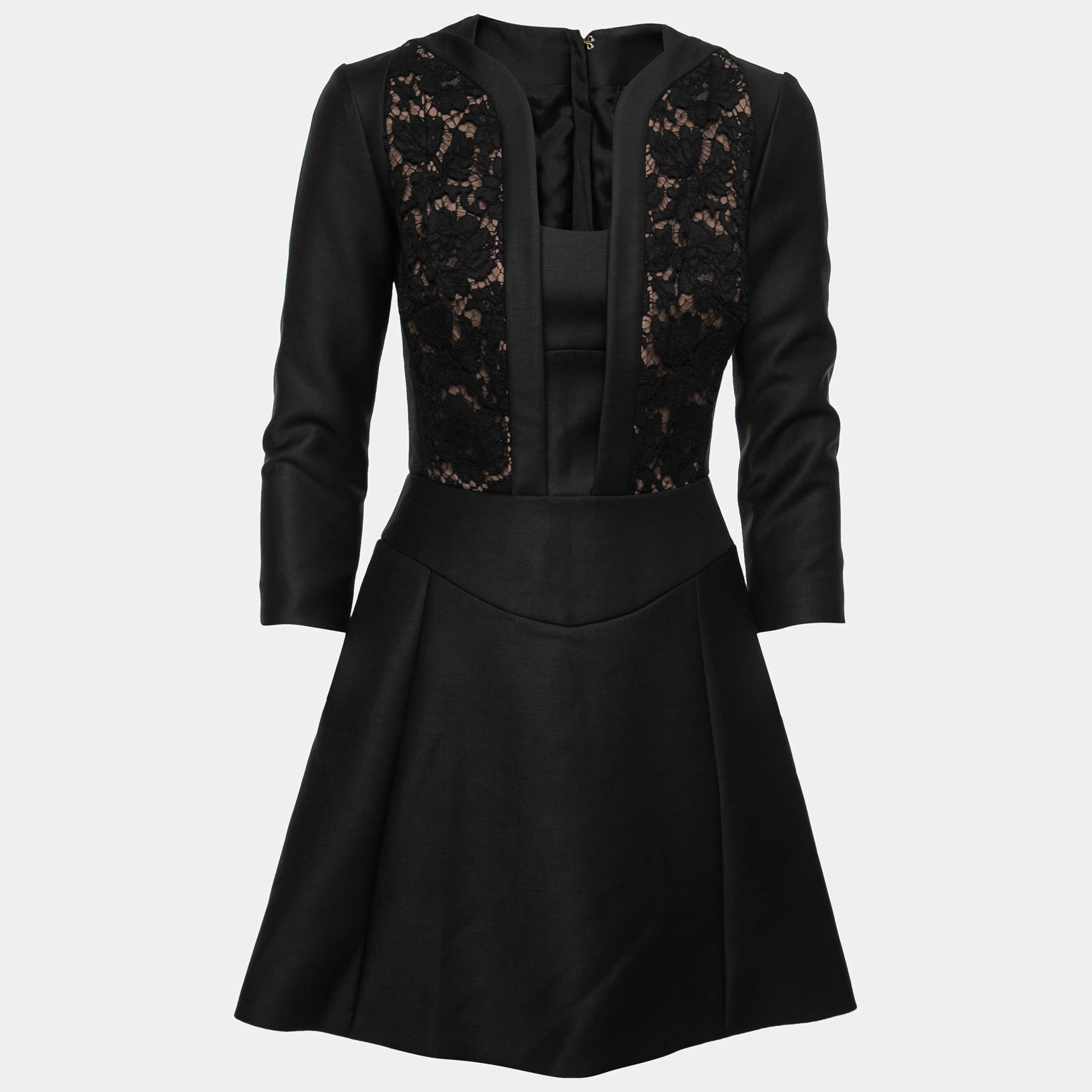 Pre Owned Elie Saab Black Crepe Lace Overlay Knee-Length Dress S