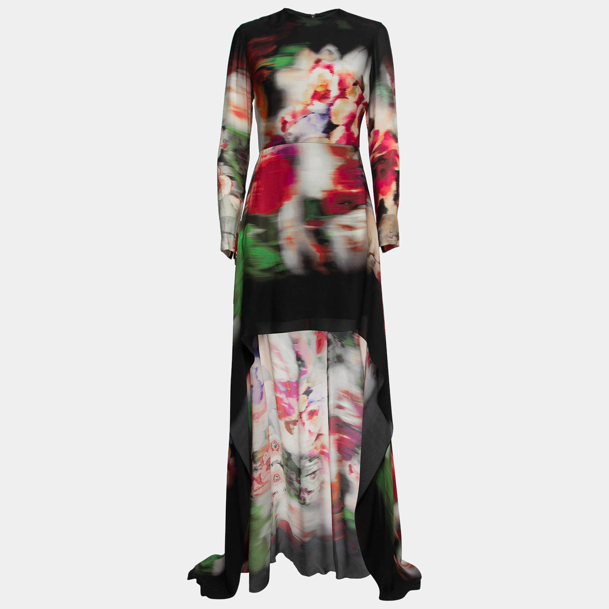 Pre Owned Elie Saab Multicolor Printed Silk Crepe Asymmetric Hem Dress S