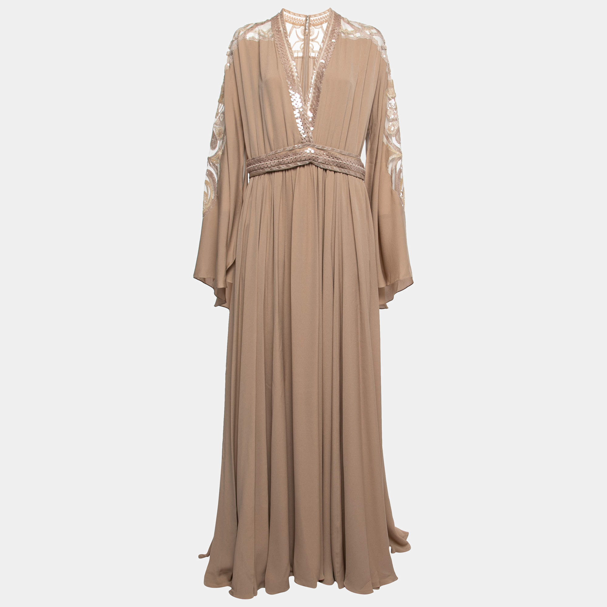 Pre Owned Elie Saab Taupe Brown Embroidered Silk Maxi Dress L