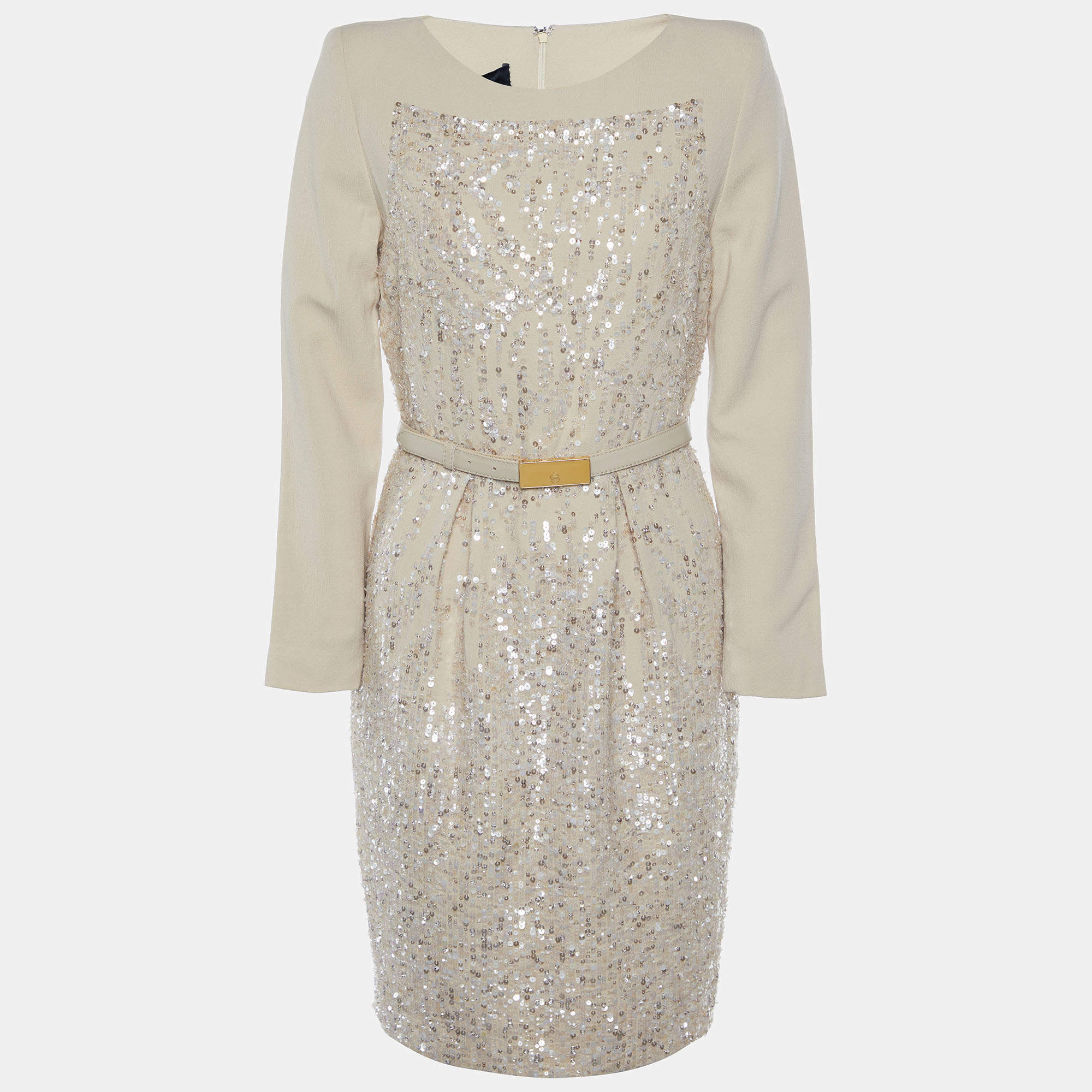 Elie Saab Beige Sequin Embellished Silk & Wool Belted Mini Dress S