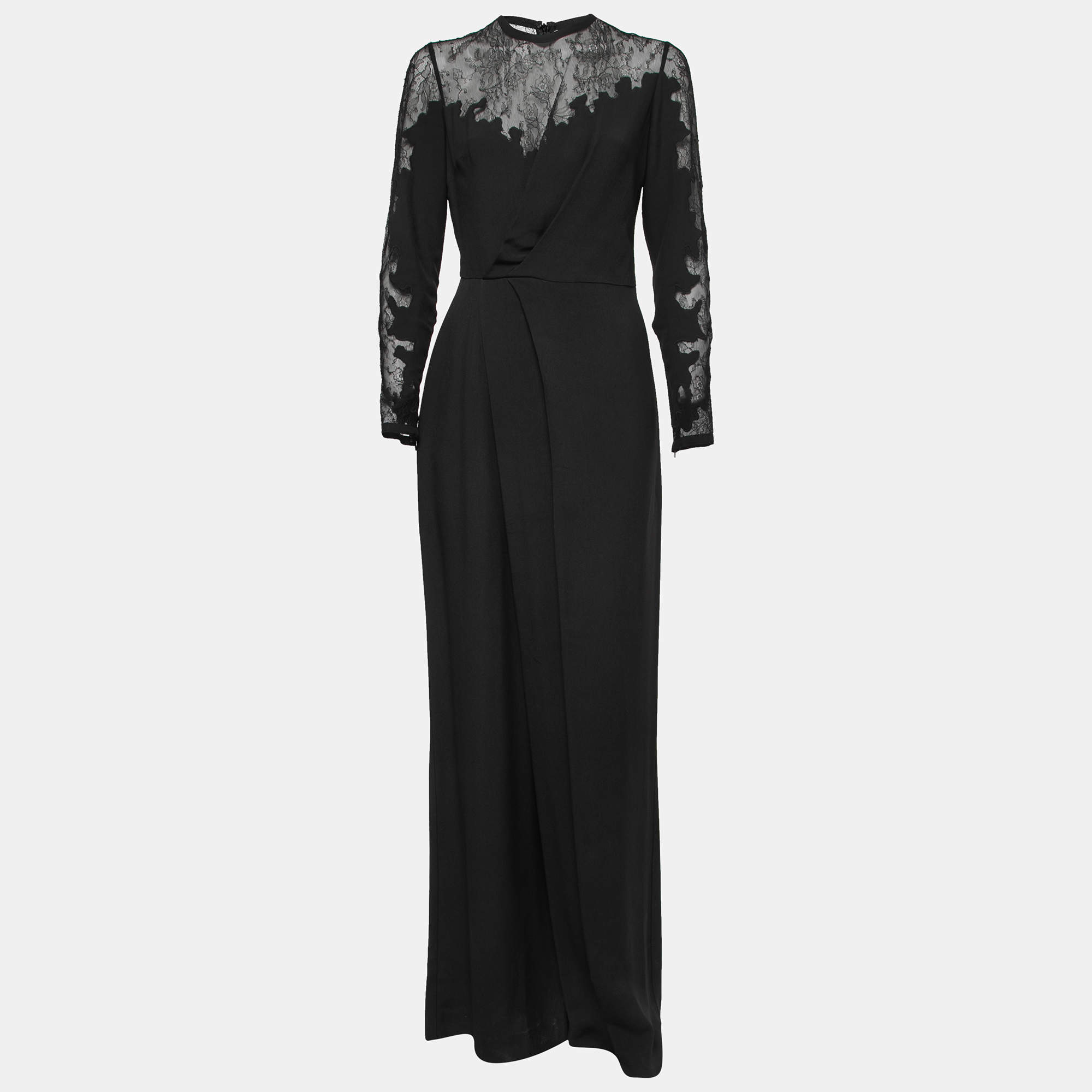 Elie Saab Black Crepe & Lace Inset Pleated Jumpsuit S