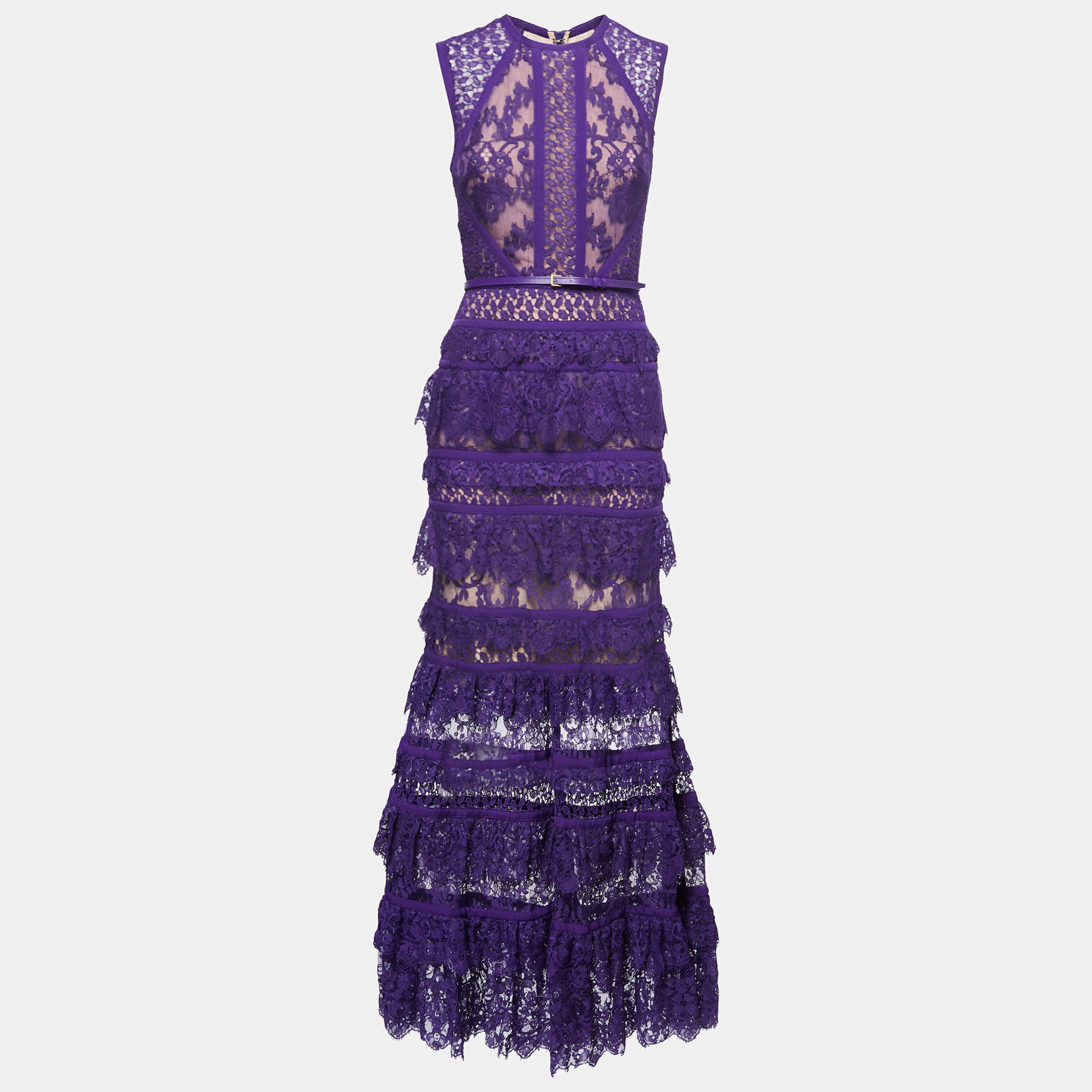 Elie Saab Purple Silk Trim Tiered Floral Lace Long Dress S 