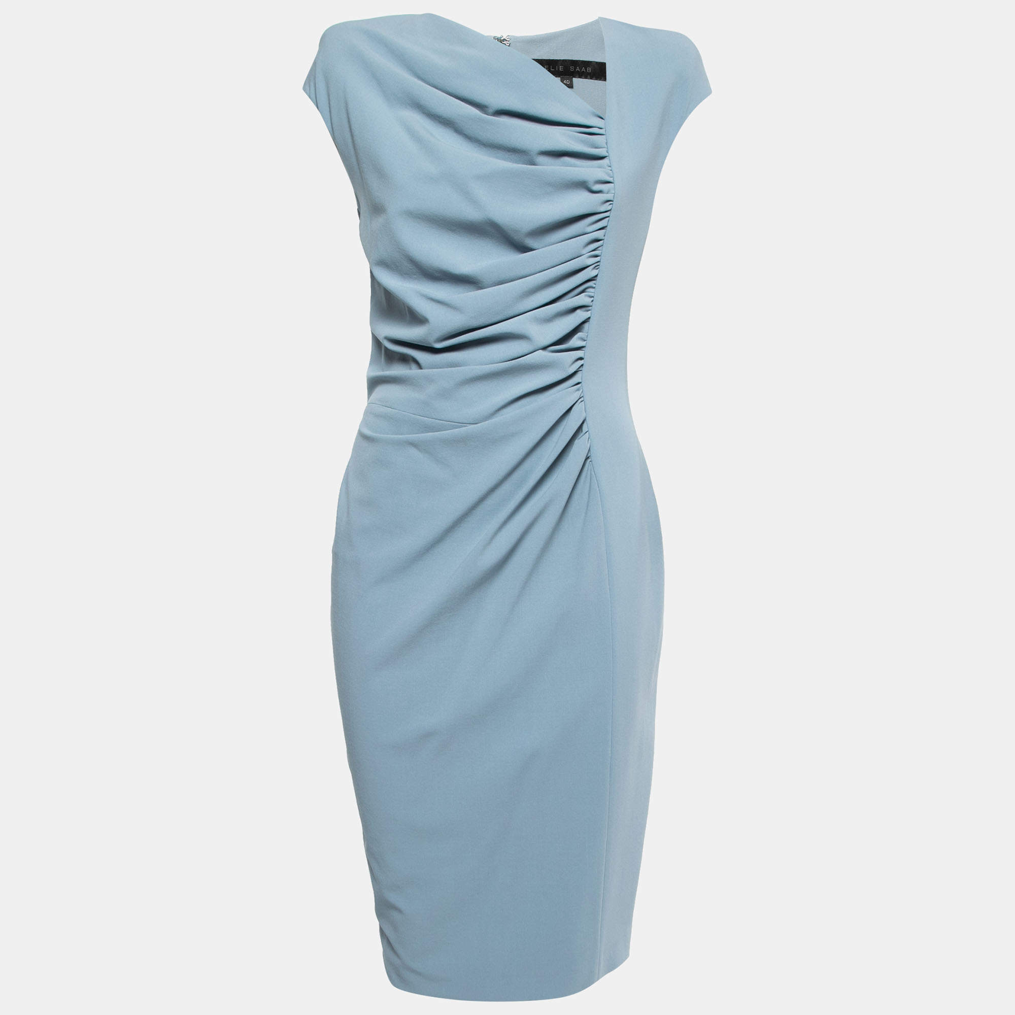 Pre Owned Elie Saab Blue Crepe Ruch Detailed Sleeveless Midi Dress S