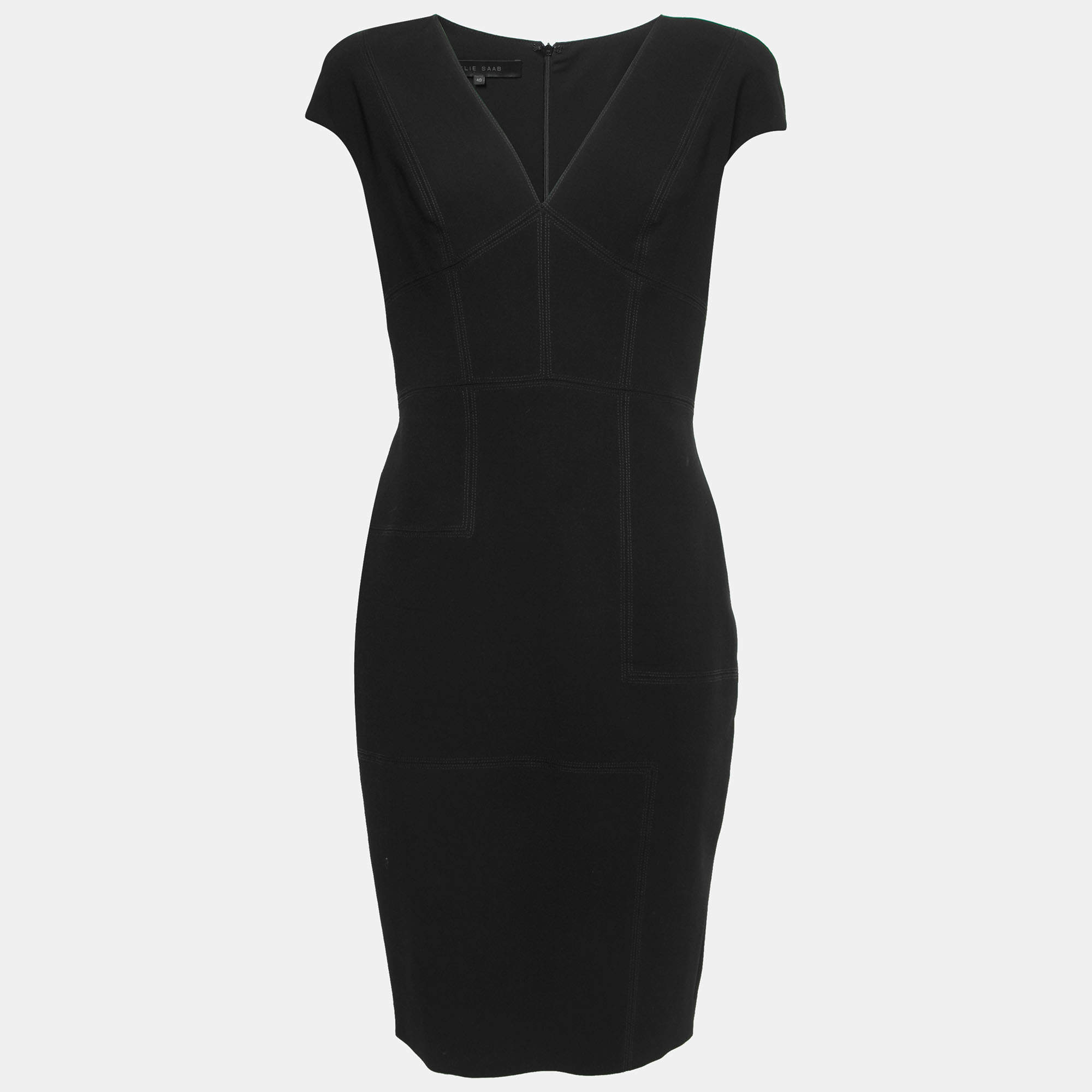 Pre Owned Elie Saab Black Crepe Plunge Neck Sleeveless Midi Dress S