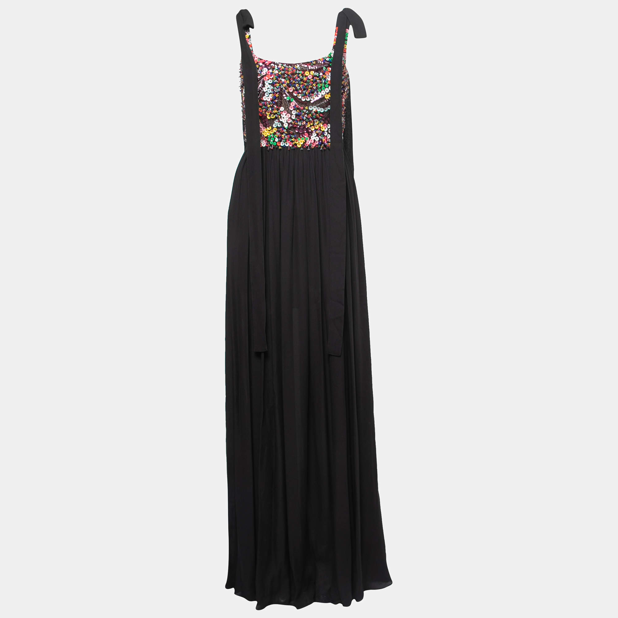 Pre Owned Elie Saab Black Silk Chiffon Sequin Embellished Yoke Sleeveless Gown S