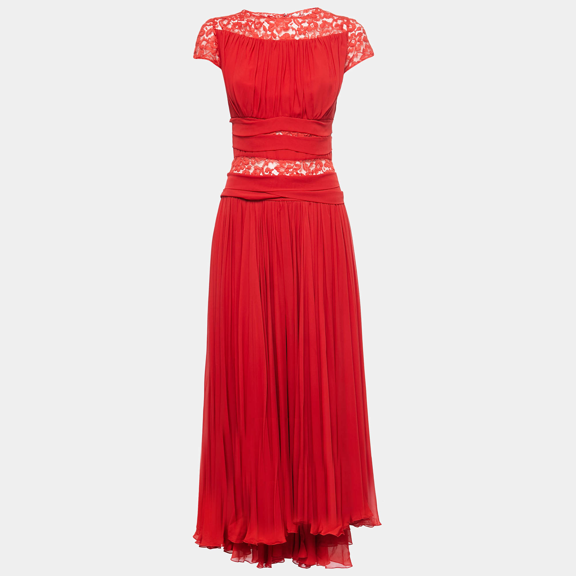 Elie Saab Red Silk Blend Lace Trimmed Long Dress S