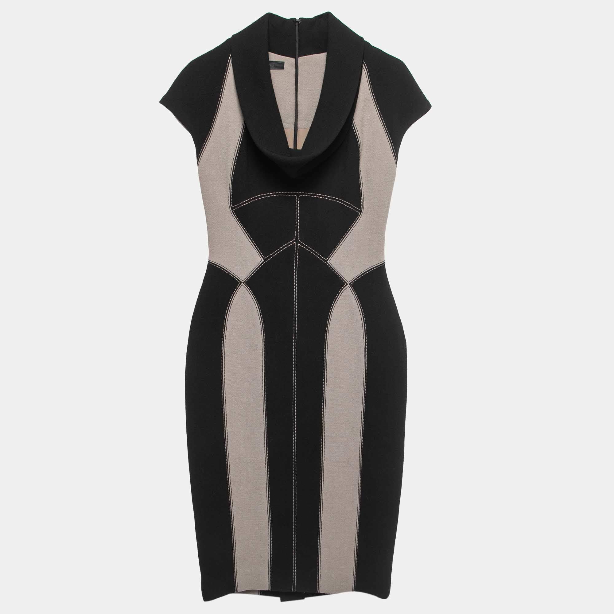 Pre Owned Elie Saab Black/Beige Silk & Wool Cowl Neck Midi Dress XS