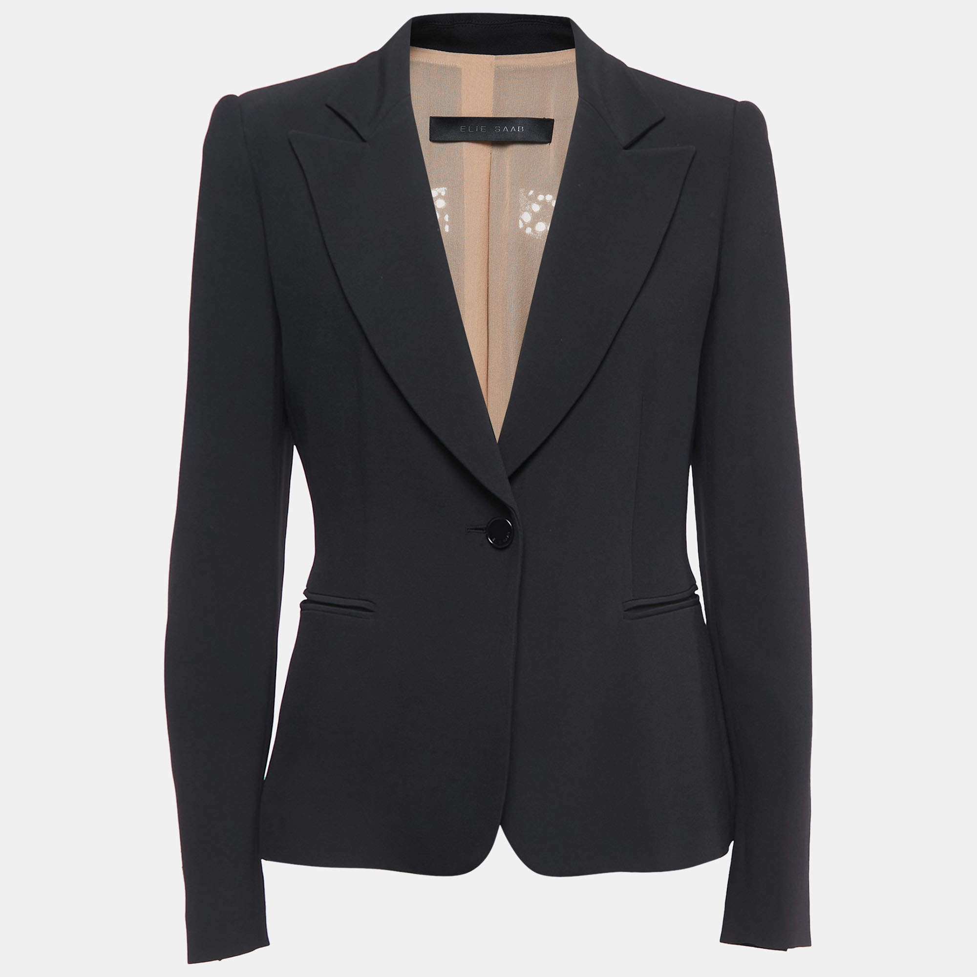 Elie Saab Black Crepe & Lace Inset Single Button Blazer M