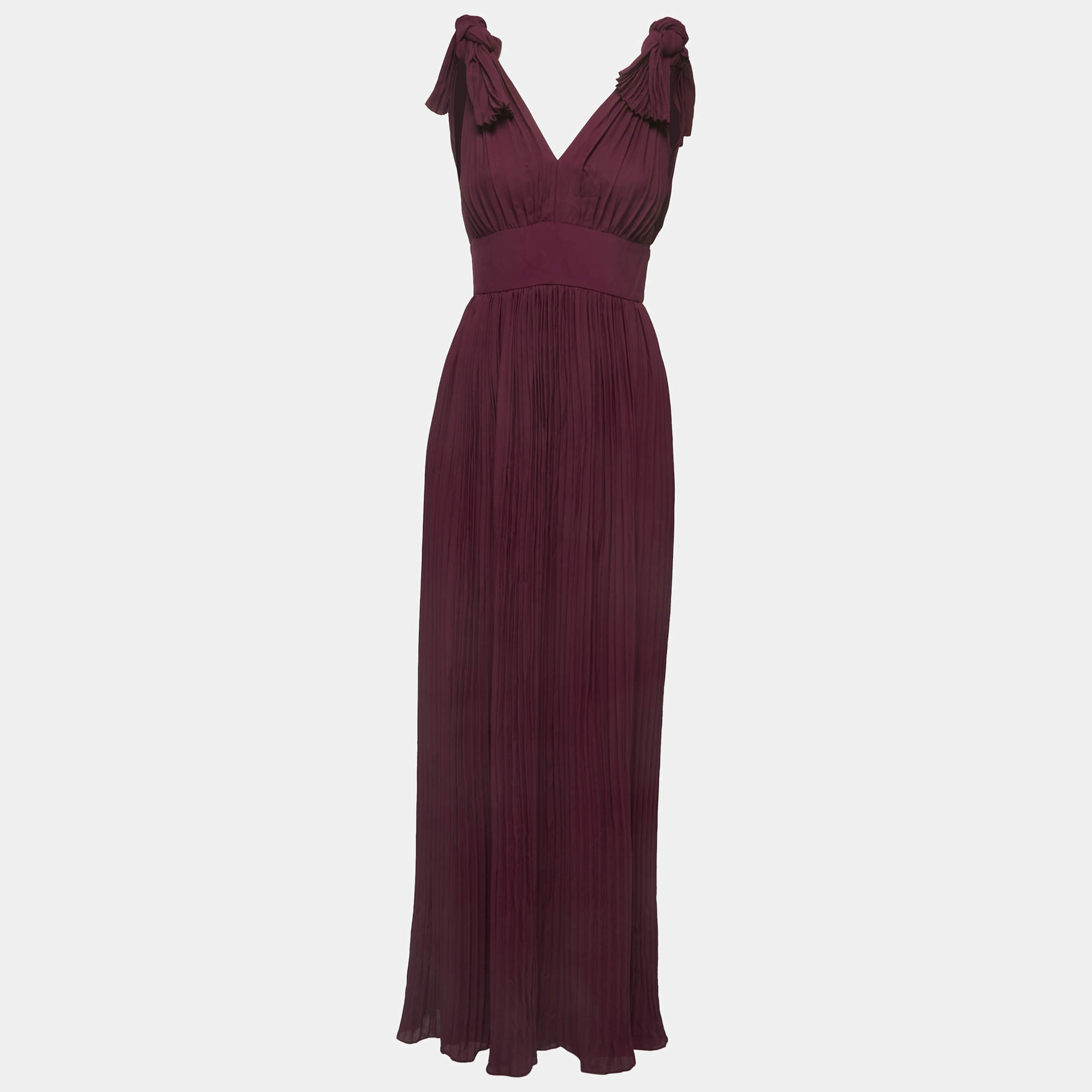 Pre Owned Elie Saab Burgundy Pleated Crepe Sleeveless Maxi Dress S
