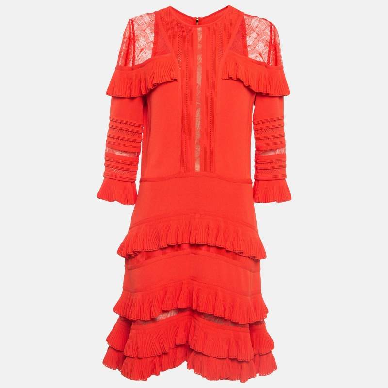 Pre Owned Elie Saab Orange Stretch Knit Frilled Short Dress M
