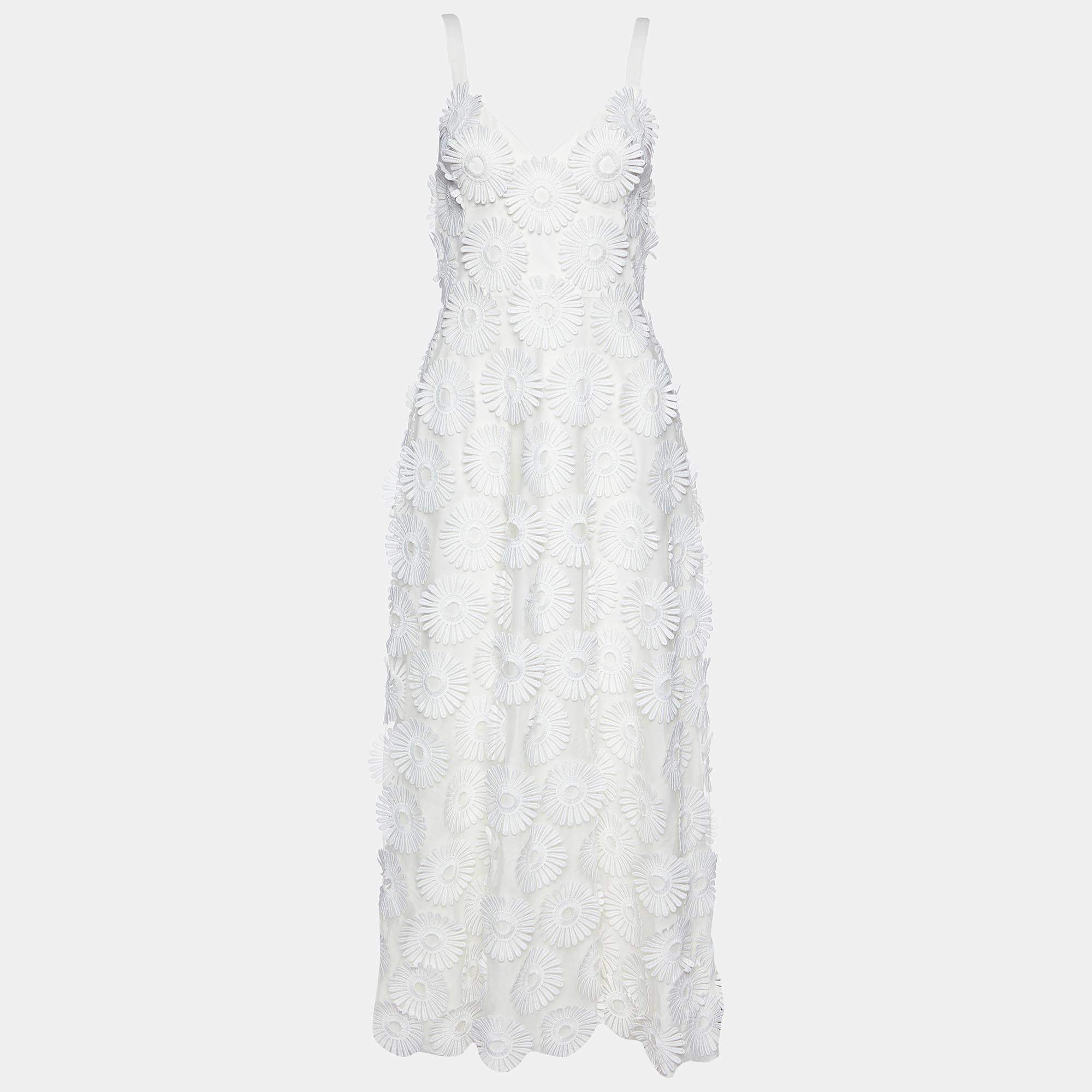 Pre Owned Elie Saab White Floral Appliqued Tulle Midi Dress S