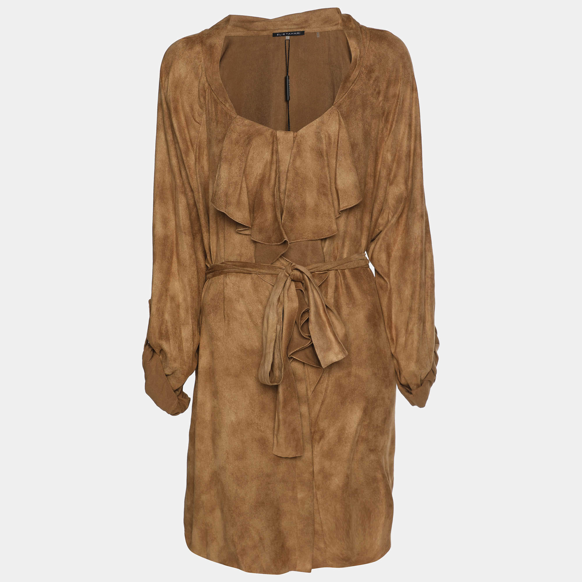 Pre Owned Elie Tahari Brown Velvet Melrose Belted Tunic XL