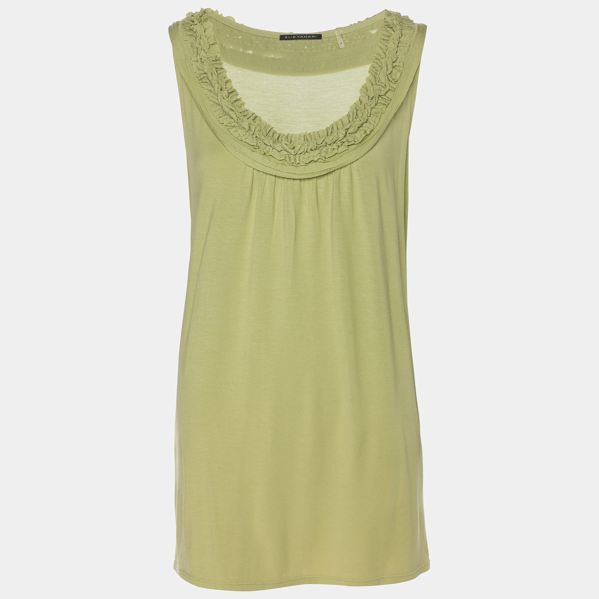 Pre Owned Elie Tahari Green Stretch Knit Ruffle Camisole Top XL