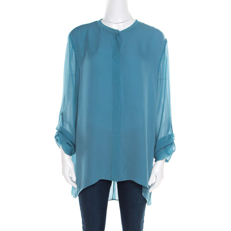 Pre Owned Elie Tahari Teal Blue Silk Shirttail Hem Alejandra Blouse XL