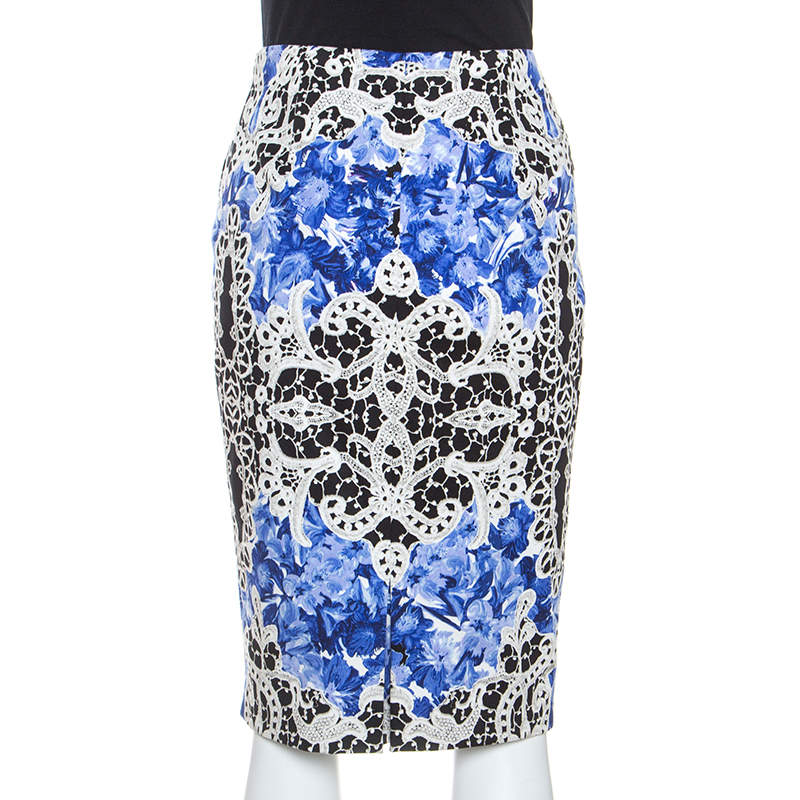 Pre Owned Elie Tahari Blue Printed Cotton Penelope Pencil Skirt M