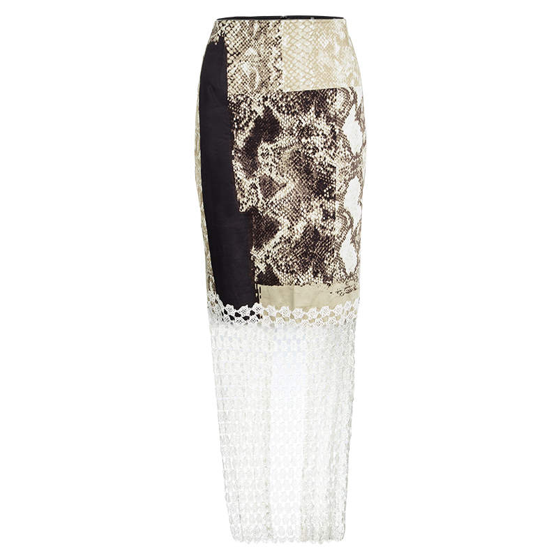 Elie Tahari Python Print Contrast Lace Detail Skirt M