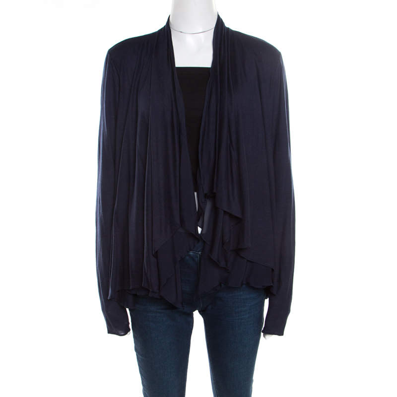 Elie Tahari Navy Blue Jersey and Silk Layered Open Front Cardigan M ...
