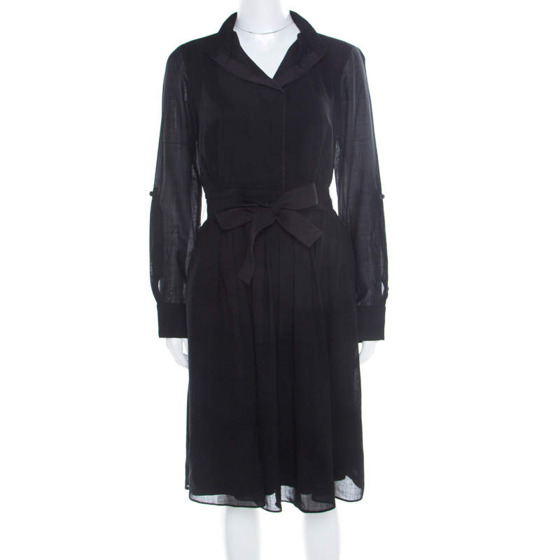 Pre Owned Elie Tahari Black Wool Pleated Belted Dress M