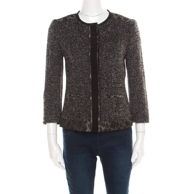 Pre Owned Elie Tahari Grey Tweed and Animal Print Paneled Leather Trim Boucle Jacket S