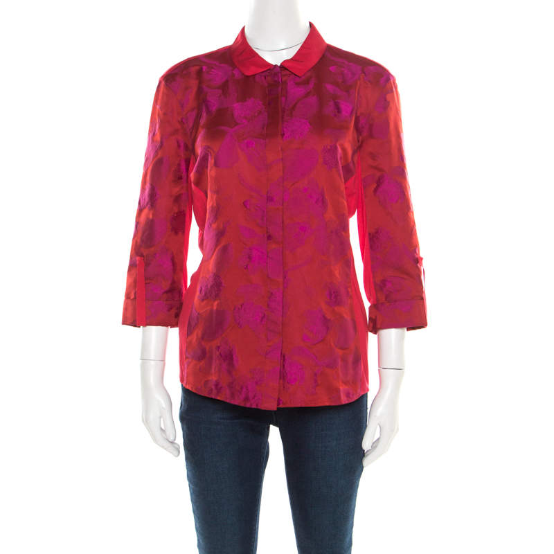 Pre Owned Elie Tahari Red and Purple Floral Jacquard Jersey Shirt M