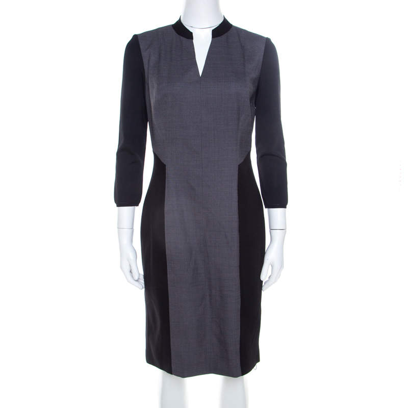 Elie Tahari Black and Grey Colorblock Stretch Wool Blend Citrine Dress M 