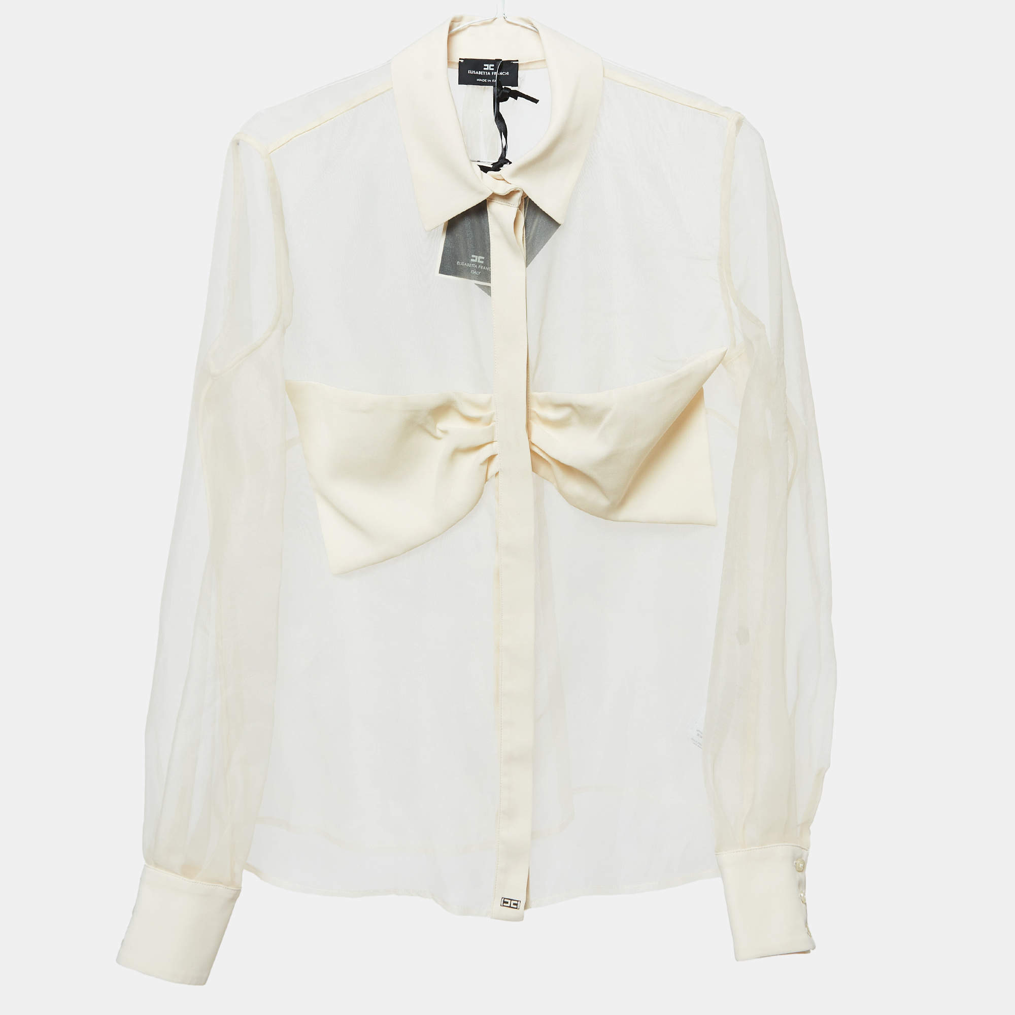 Pre Owned Elisabetta Franchi Beige Bow Detail Organza Sheer Shirt M