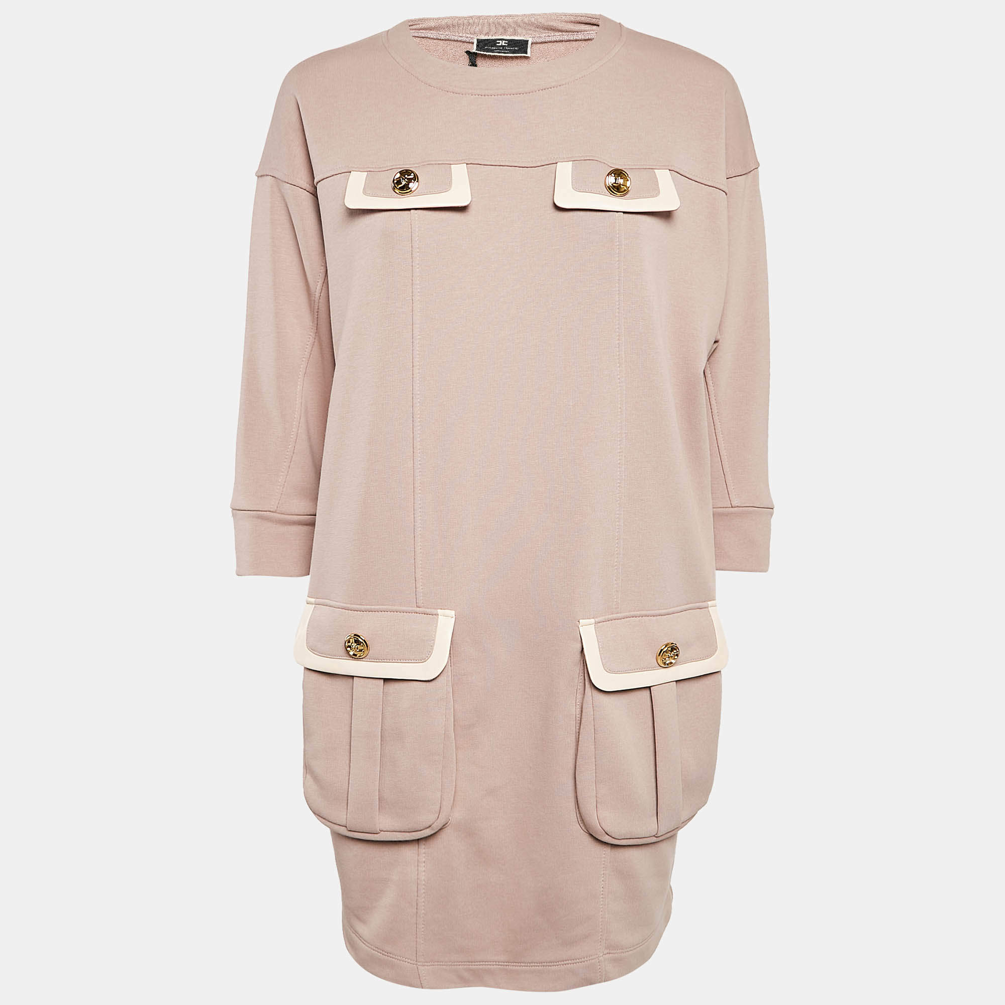 Pre Owned Elisabetta Franchi Pink Cotton Knit Crew Neck Mini Dress M