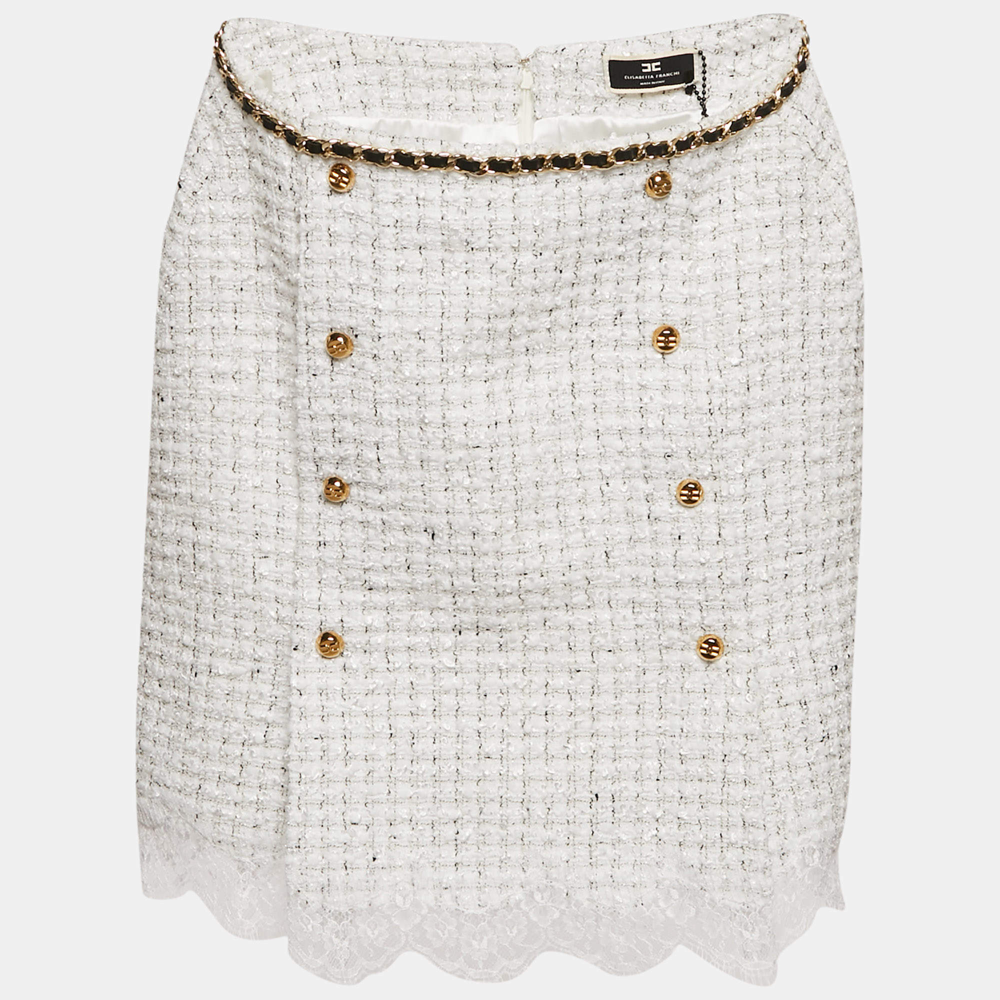 Elisabetta Franchi White Tweed Chai Embellished Mini Skirt S