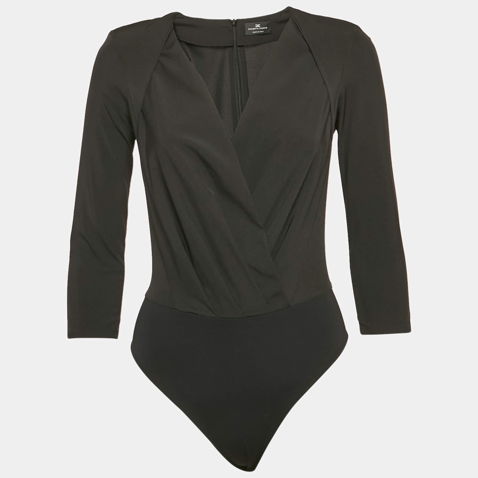 Pre Owned Elisabetta Franchi Black Crepe Plucking Neck Bodysuit S
