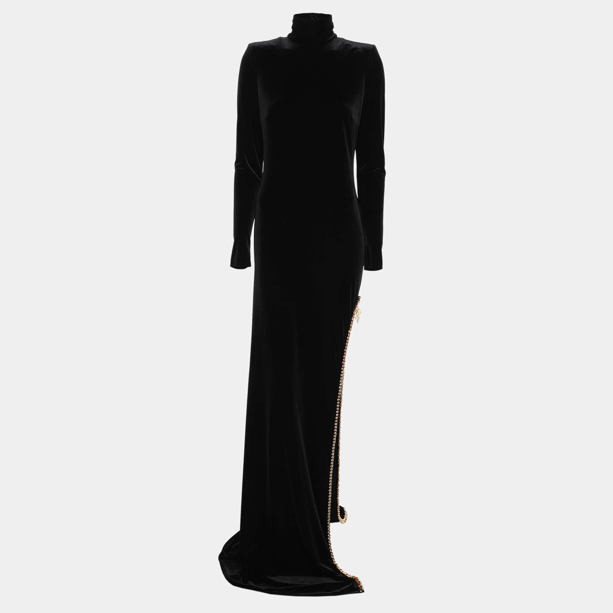 Pre Owned Elisabetta Franchi Black Velvet Chain Turtleneck Maxi Dress XXL