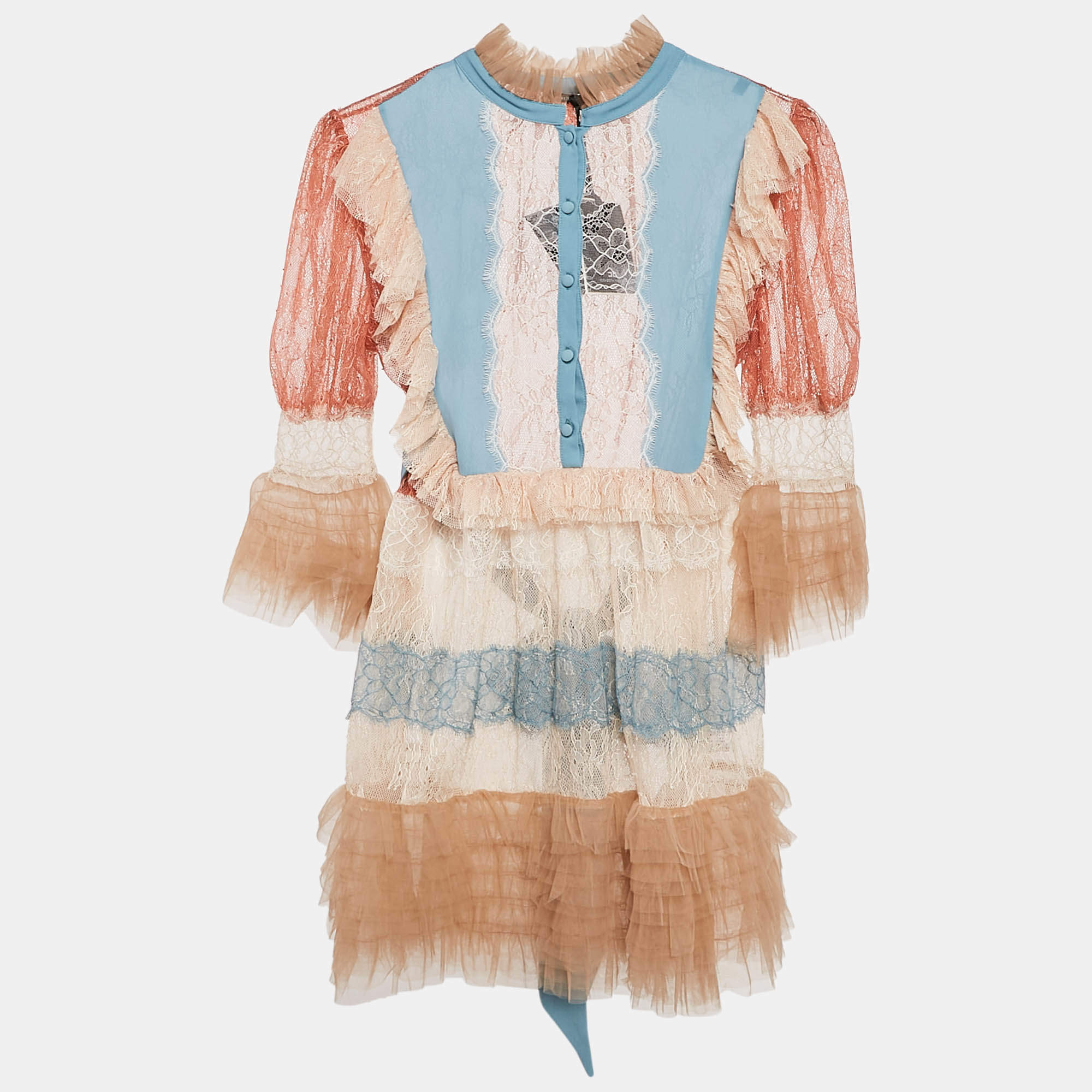 Pre Owned Elisabetta Franchi Multicolor Lace Ruffled Mini Dress M