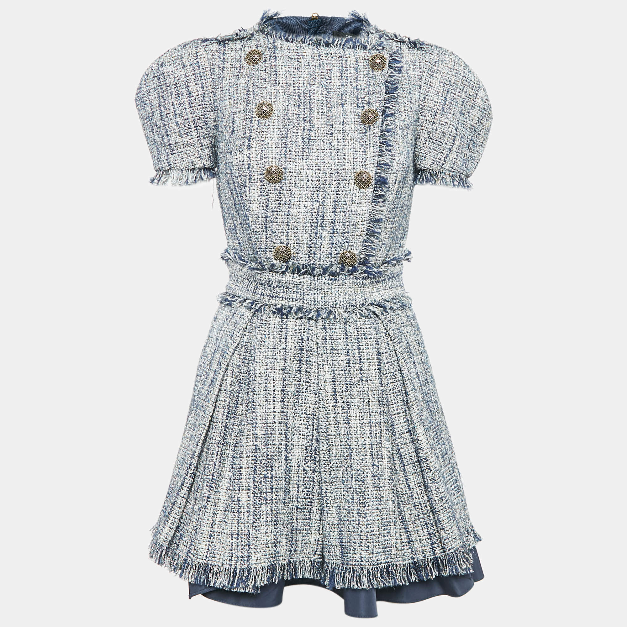 Pre Owned Elisabetta Franchi Blue Lurex Tweed Raw Edge Detail Mini Dress S