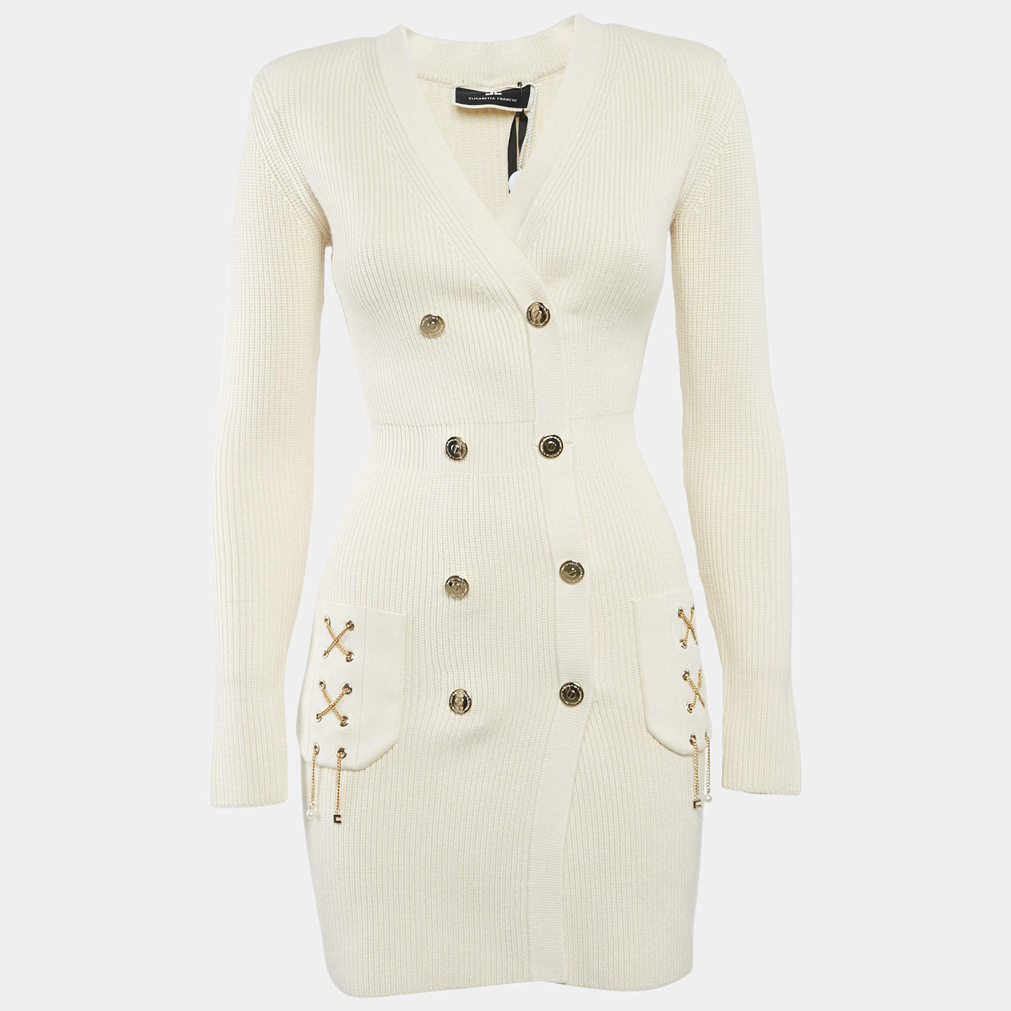 Pre Owned Elisabetta Franchi Cream Rib Knit Double Breasted Mini Dress S