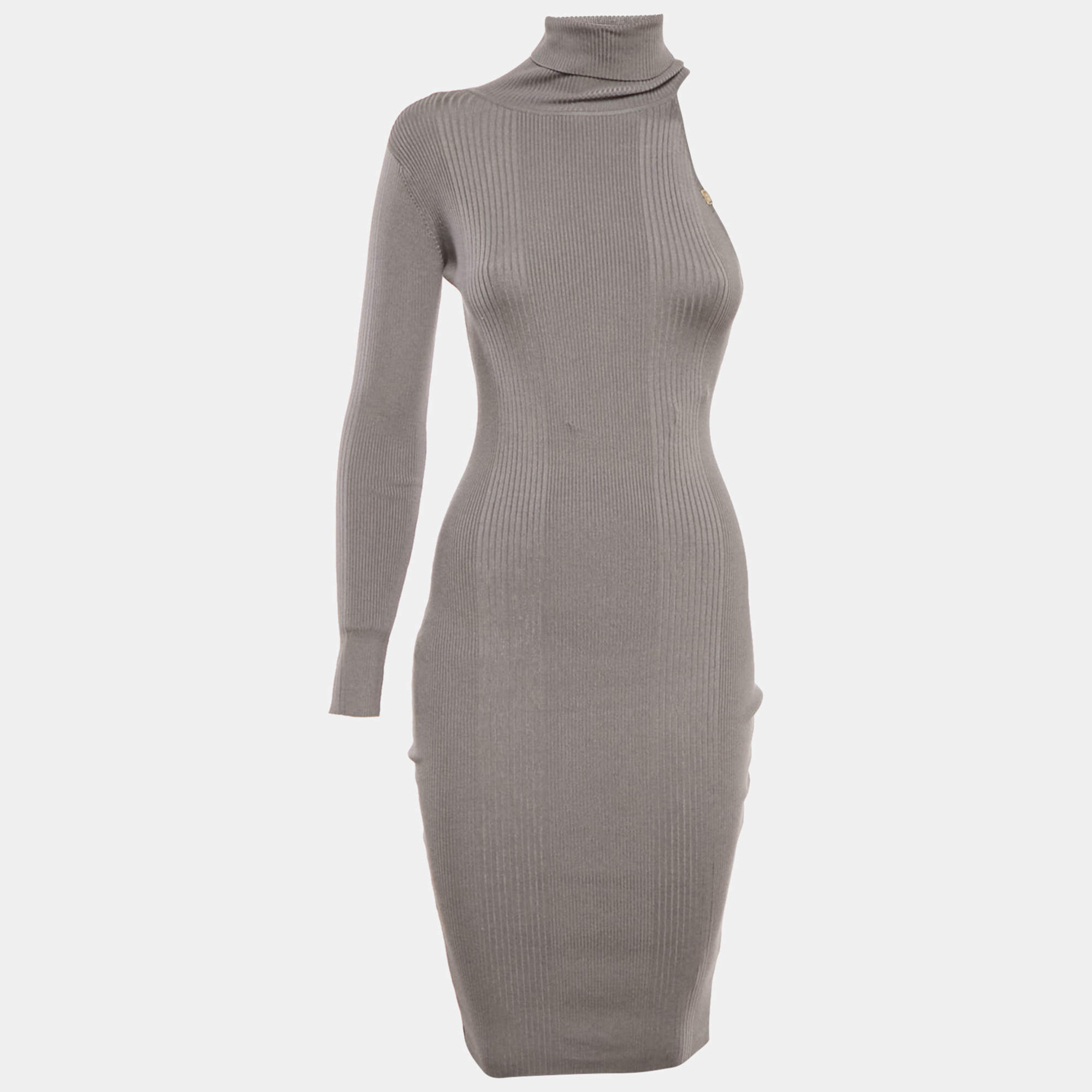 Pre Owned Elisabetta Franchi Grey Rib Knit One Shoulder Bodycon Dress M