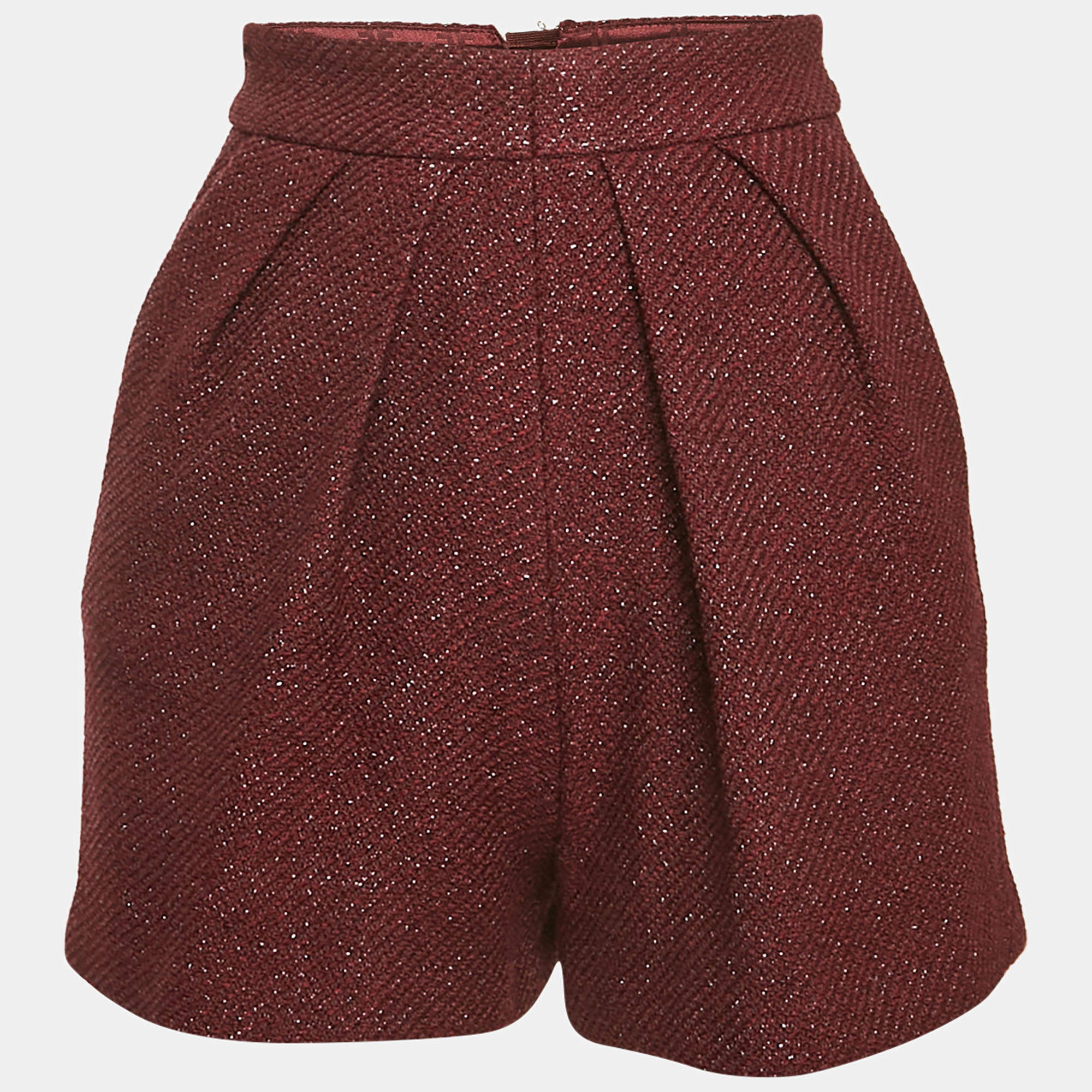 Elisabetta Franchi Burgundy Lurex Tweed Pleated Shorts S