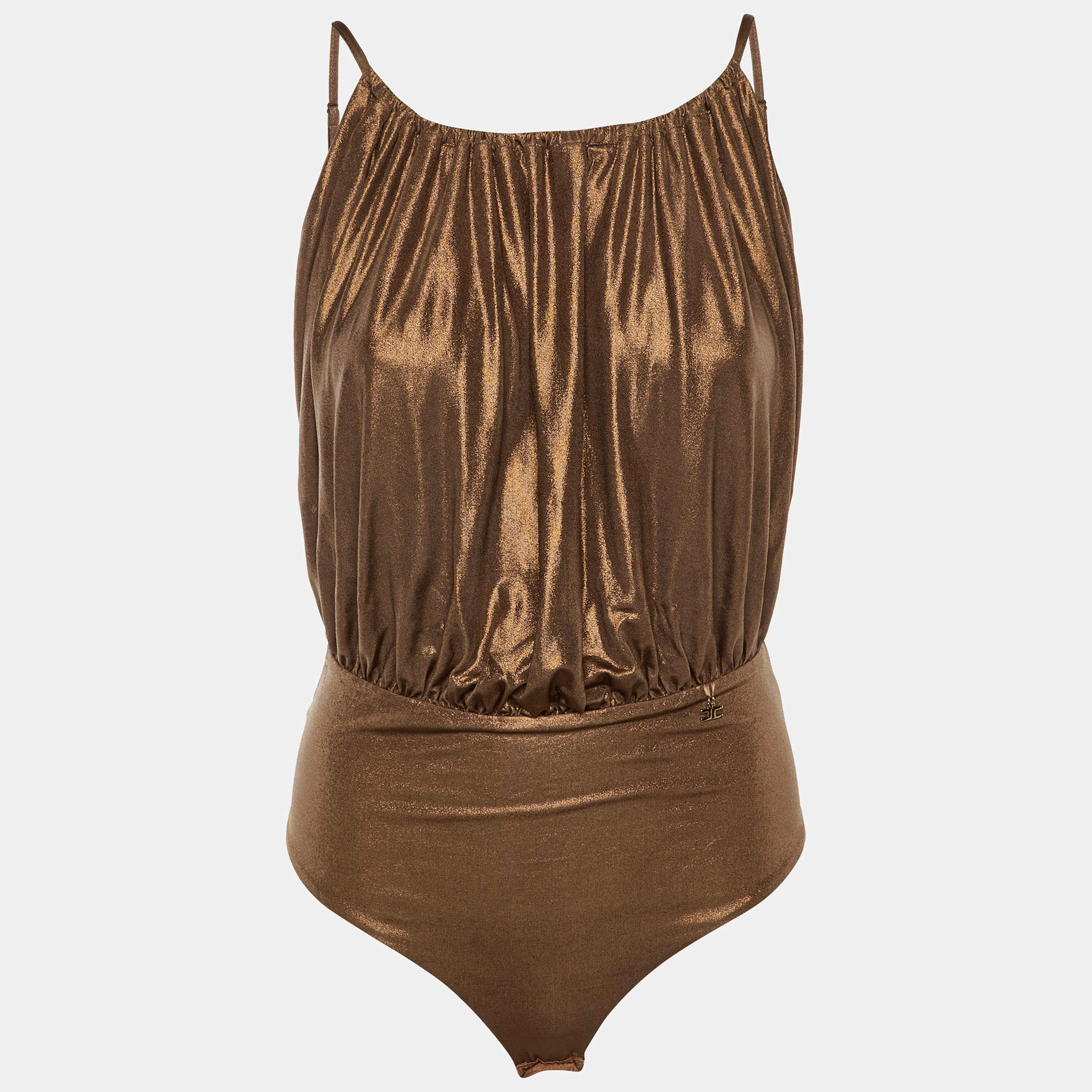 Pre Owned Elisabetta Franchi Bronze Metallic Jersey Bodysuit Top M