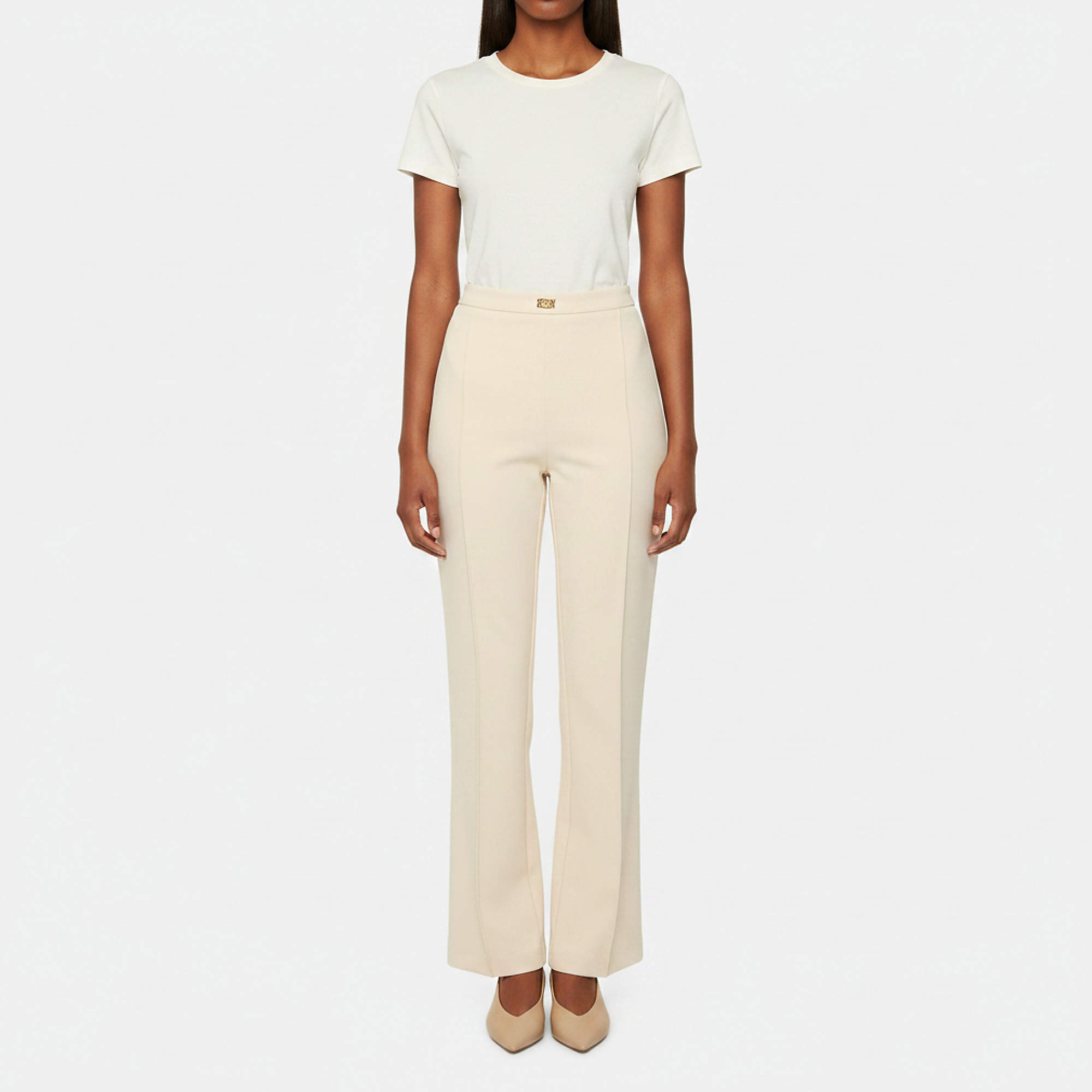 Pre Owned Elisabetta Franchi Beige Stretch Crepe Wide Leg Trousers L