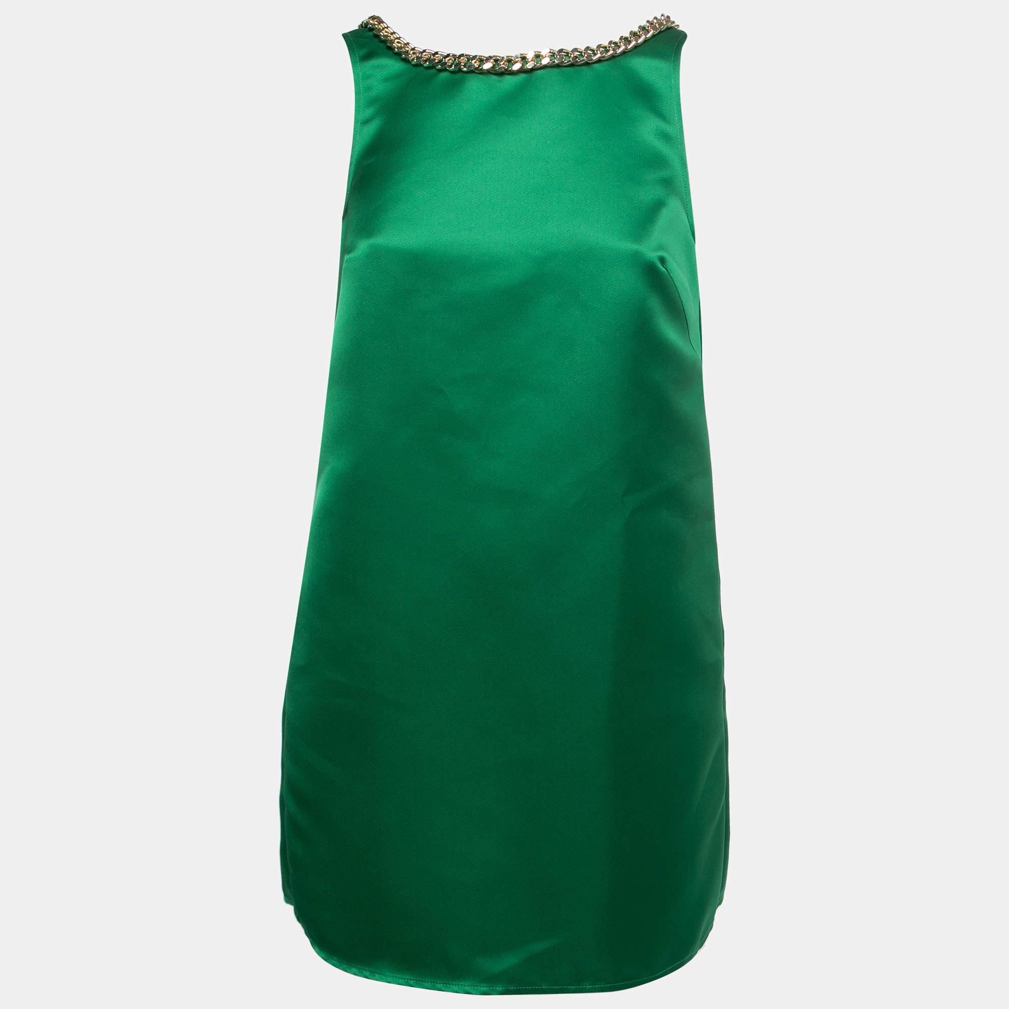 Pre Owned Elisabetta Franchi Green Dutchess Satin Chain Trim Sleeveless Mini Dress S
