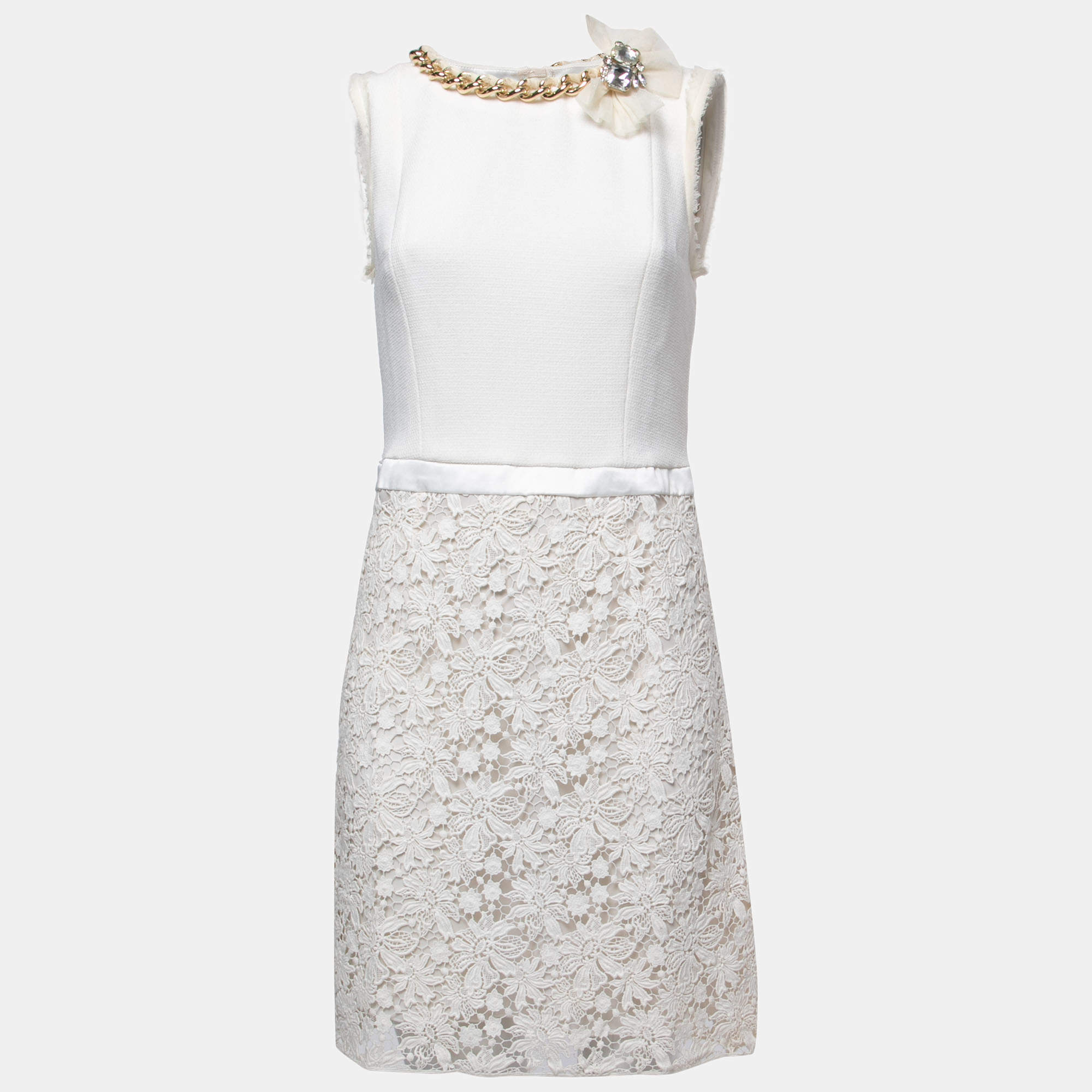 Pre Owned Elisabetta Franchi White Floral Lace Chain Detail Mini Dress XL